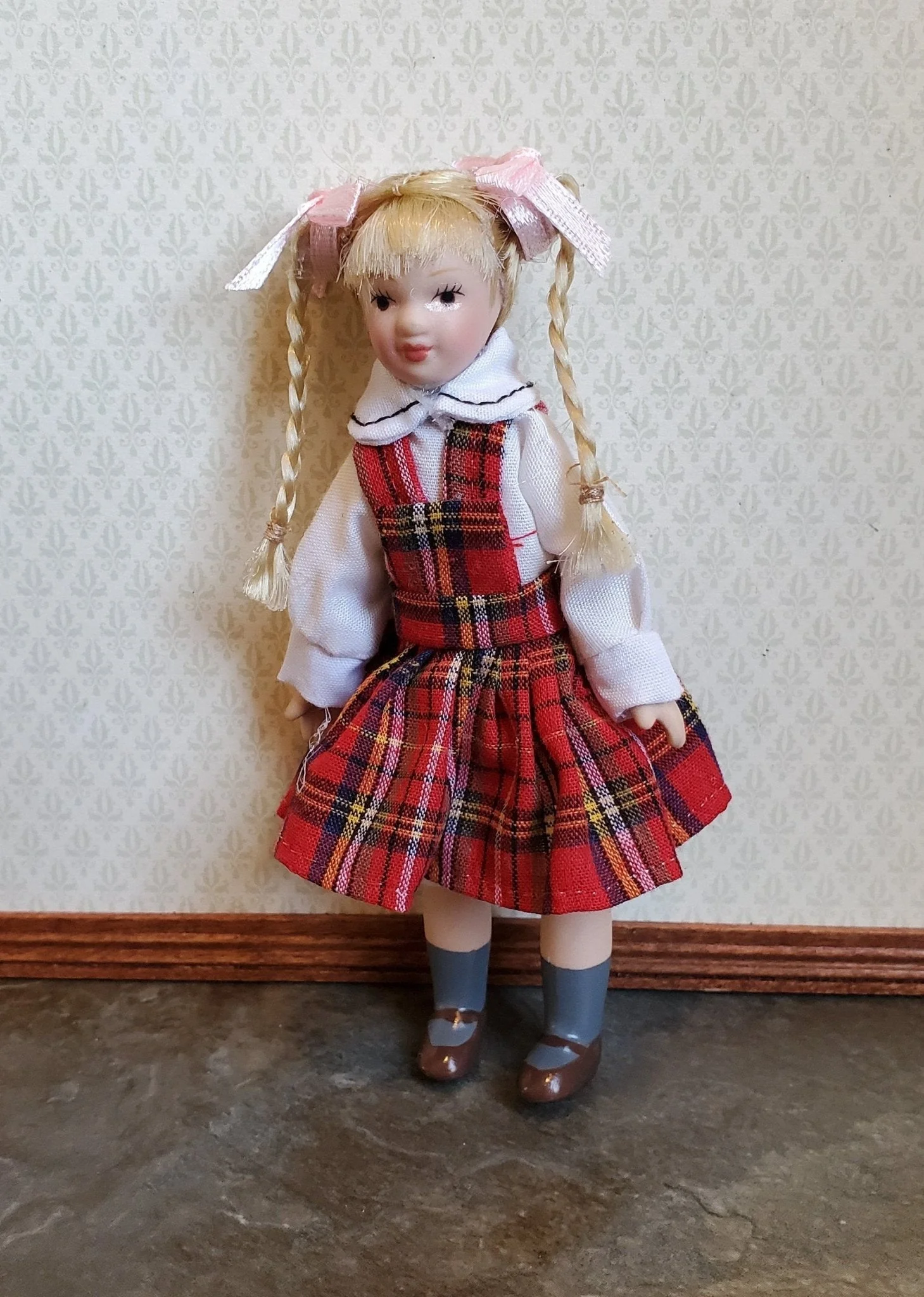 Dollhouse Miniature Girl Doll Braids Porcelain Poseable 1:12 Scale Braids Red Plaid Dress
