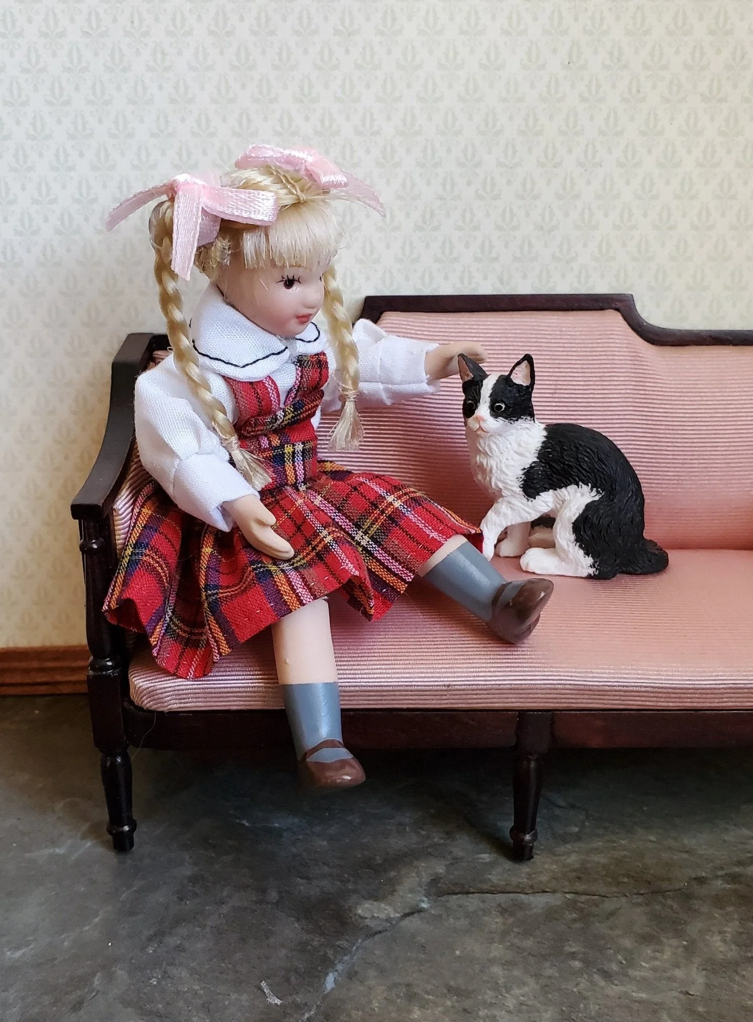 Dollhouse Miniature Girl Doll Braids Porcelain Poseable 1:12 Scale Braids Red Plaid Dress - Image 3