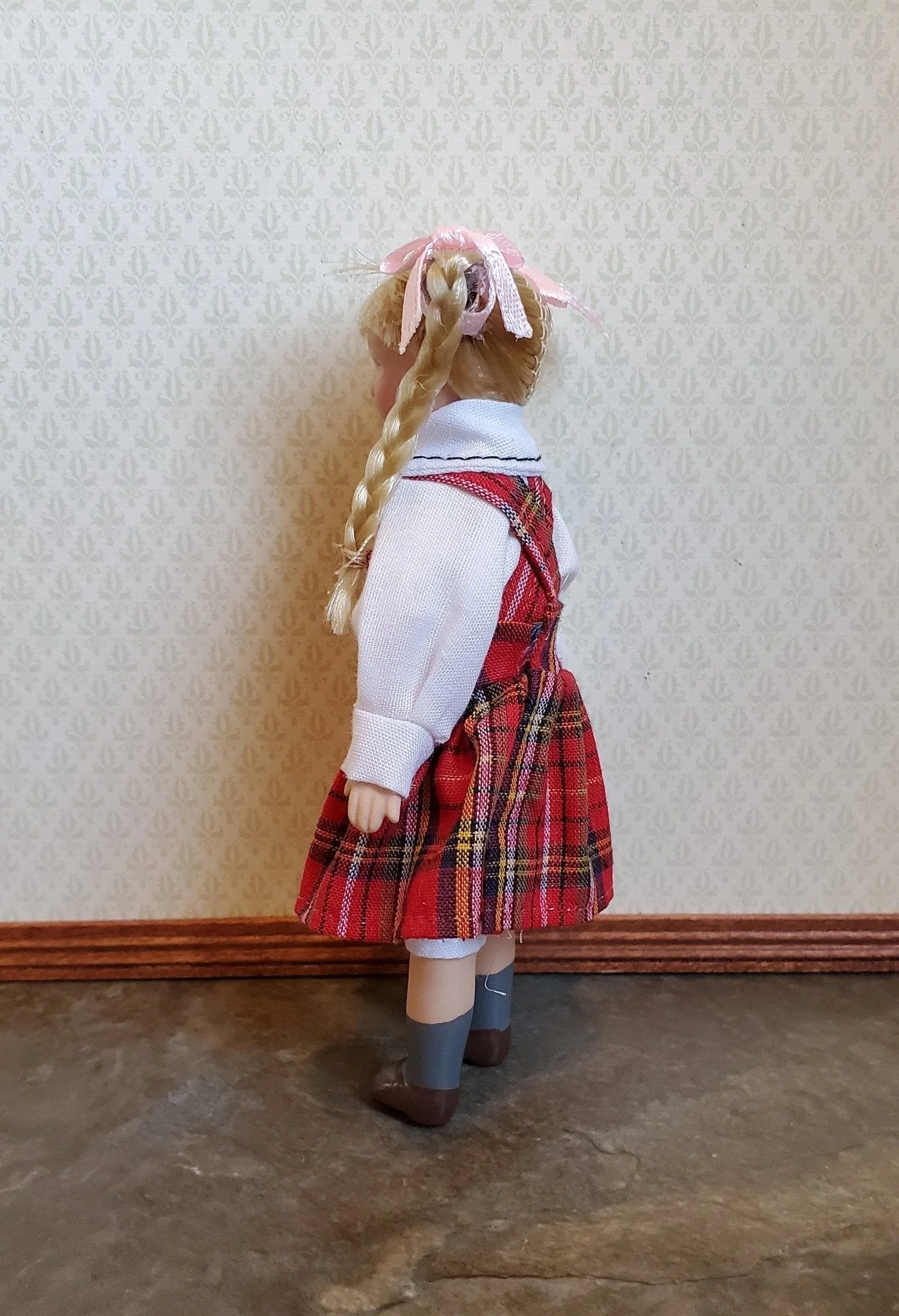 Dollhouse Miniature Girl Doll Braids Porcelain Poseable 1:12 Scale Braids Red Plaid Dress - Image 5