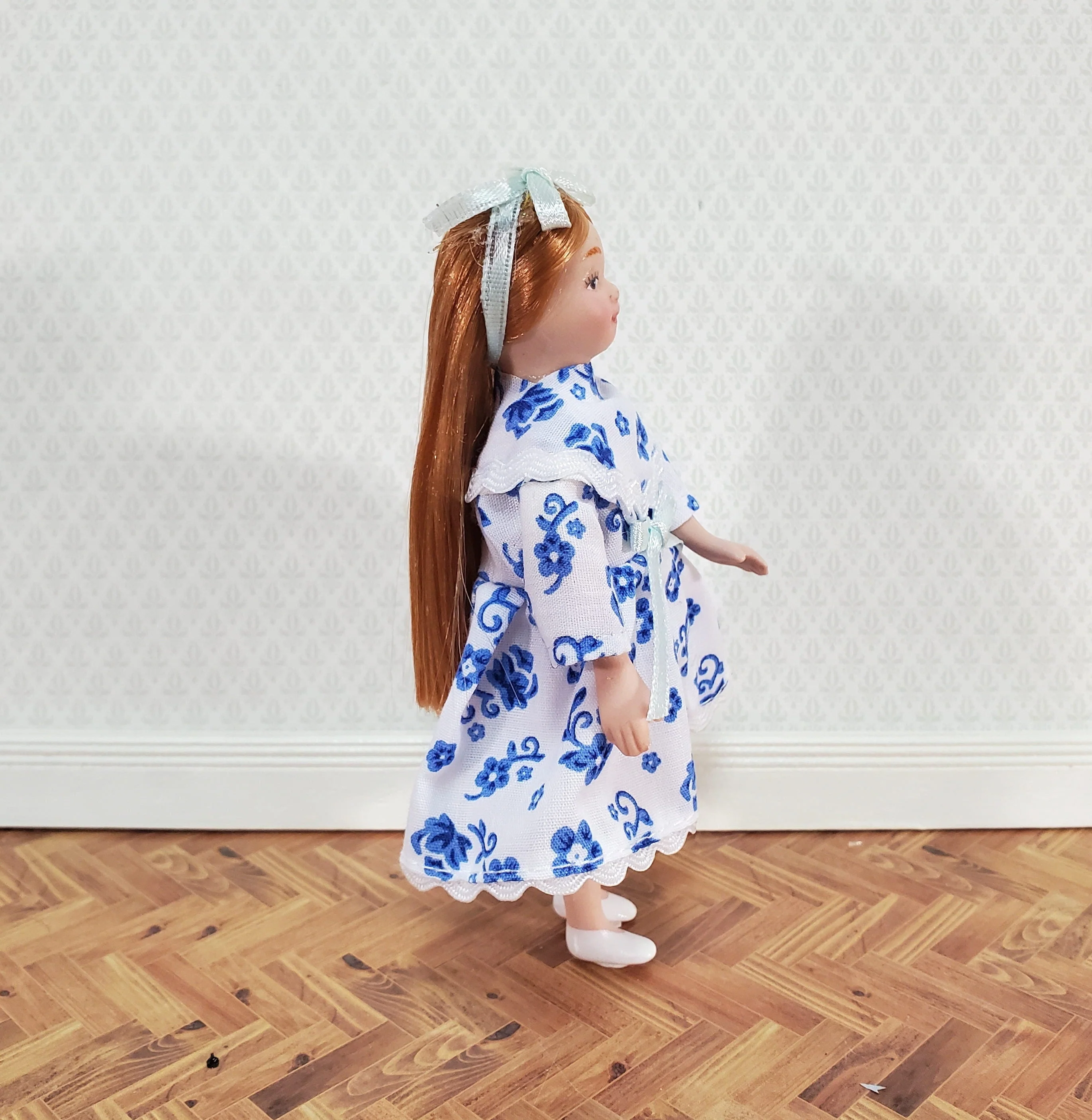 Dollhouse Miniature Girl Doll Long Hair Strawberry Blond Porcelain Poseable 1:12 Scale Blue & White Dress - Image 2