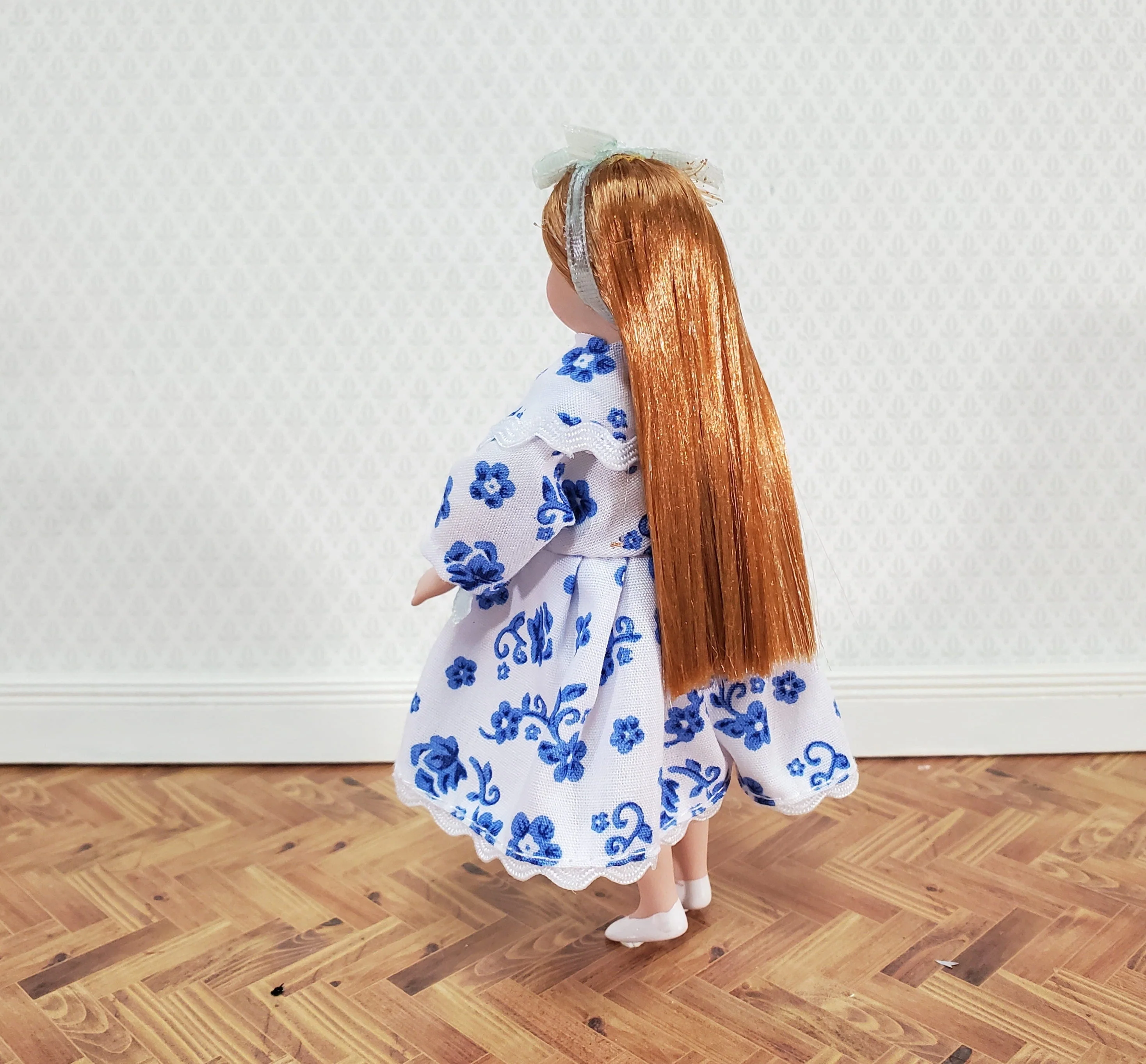 Dollhouse Miniature Girl Doll Long Hair Strawberry Blond Porcelain Poseable 1:12 Scale Blue & White Dress - Image 3
