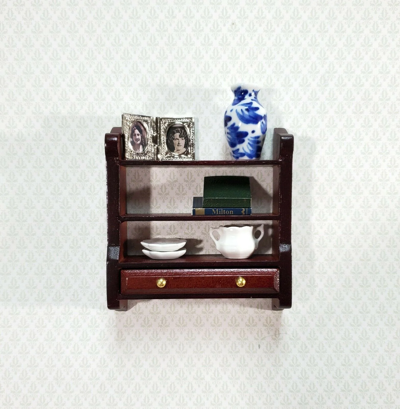 Dollhouse Miniature Hanging Shelf with Drawer 1:12 Scale Furniture Mahogany - Image 3