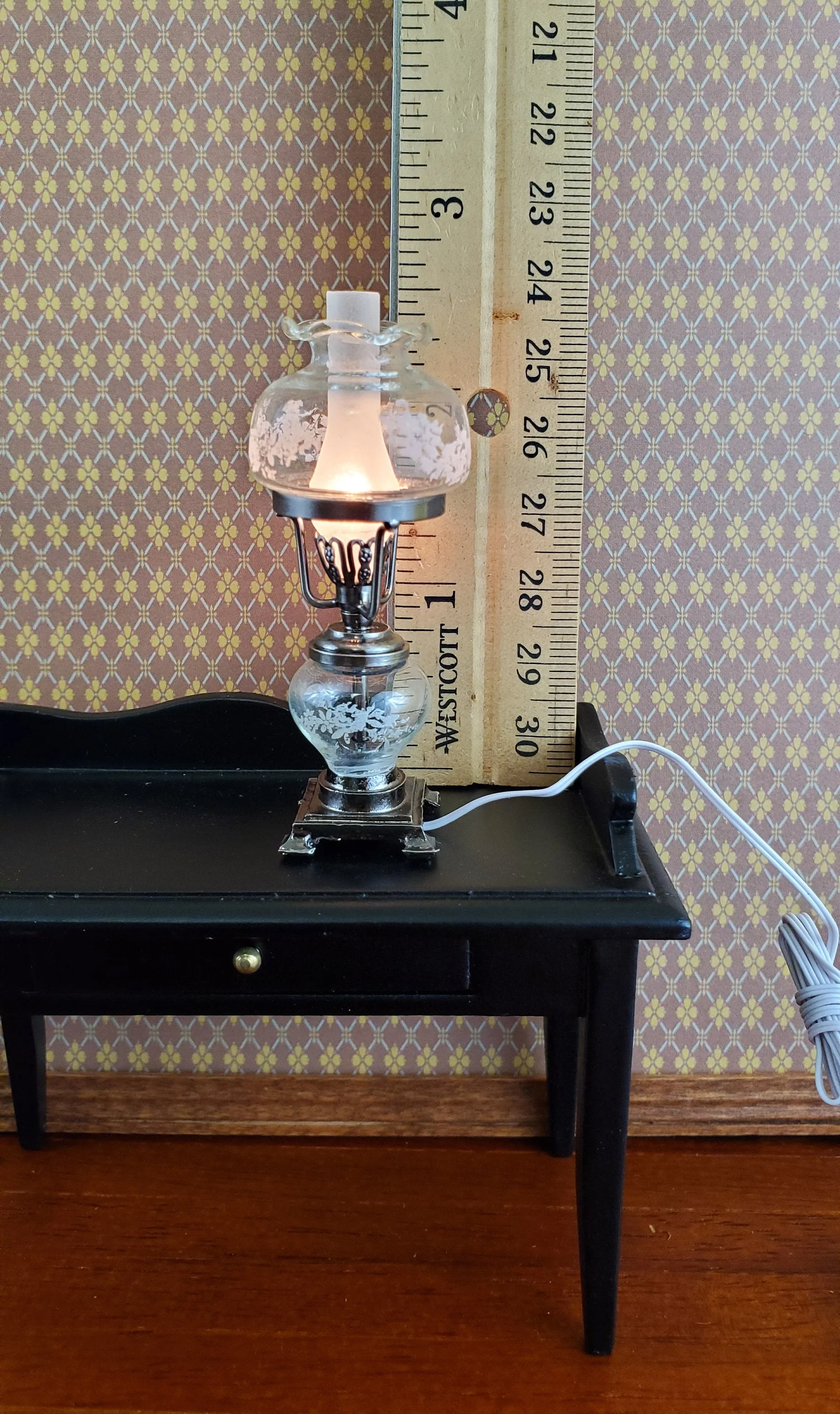 Dollhouse Hurricane Oil Lamp 12 Volt Light w/ Plug 1:12 Scale Vintage Style Pewter Finish - Image 6