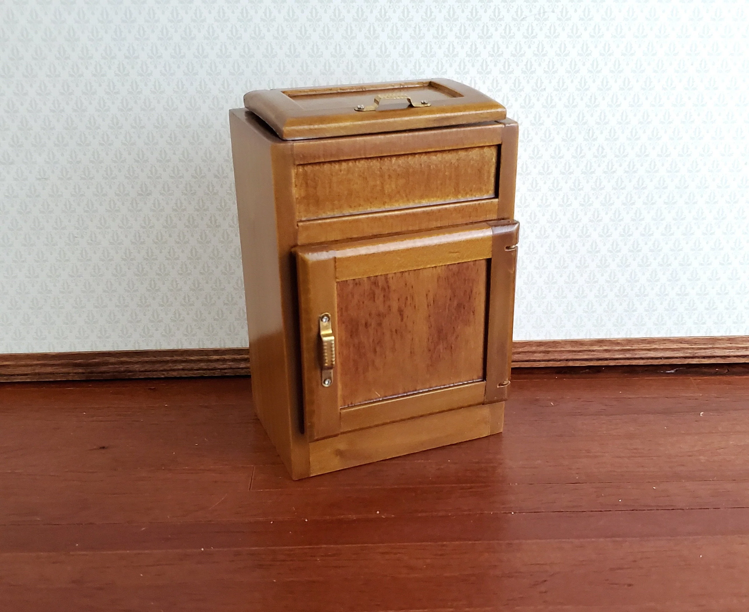 Dollhouse Miniature Ice Box Fridge Light Walnut Finish 1:12 Scale Wood Kitchen