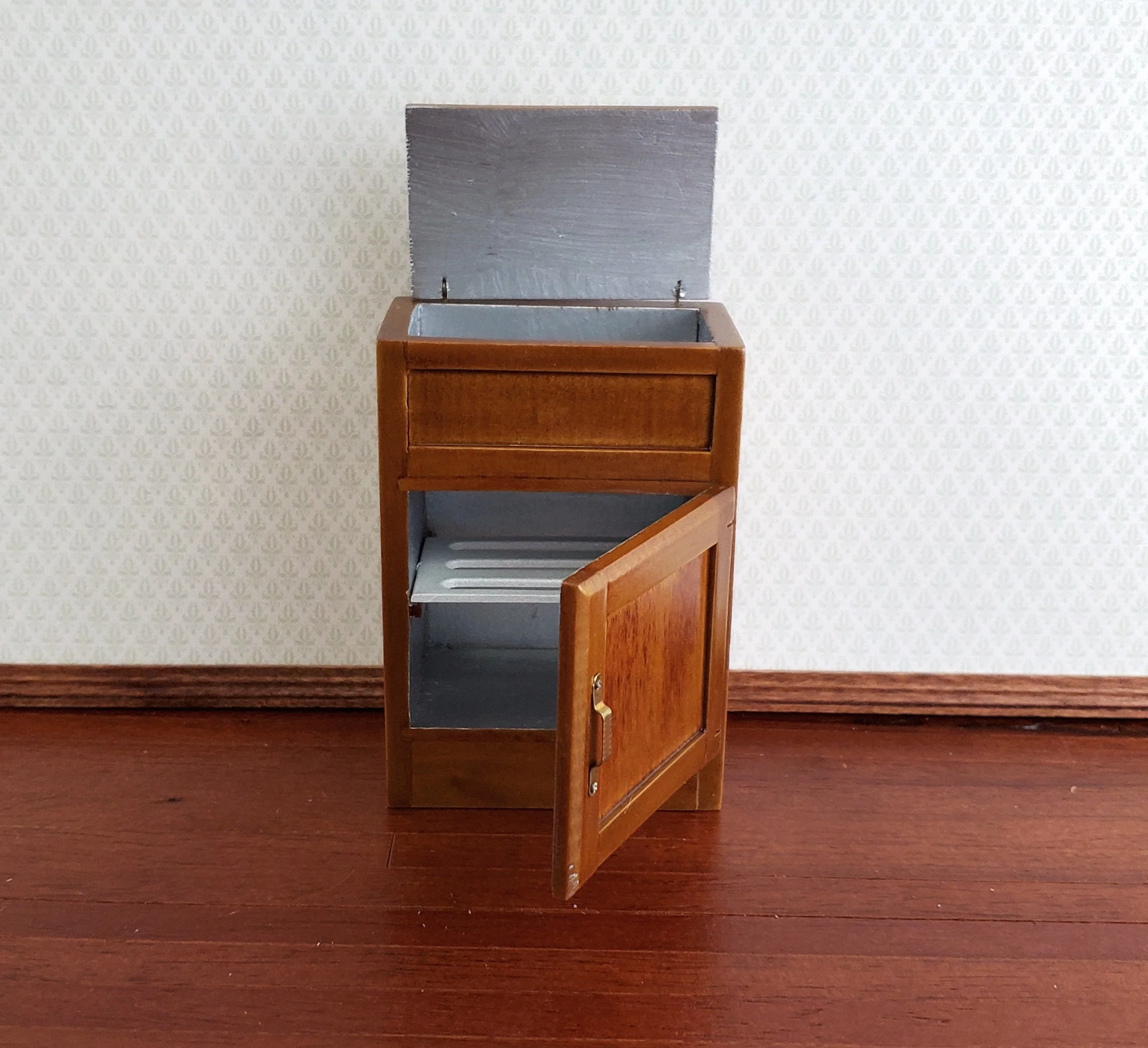 Dollhouse Miniature Ice Box Fridge Light Walnut Finish 1:12 Scale Wood Kitchen - Image 3