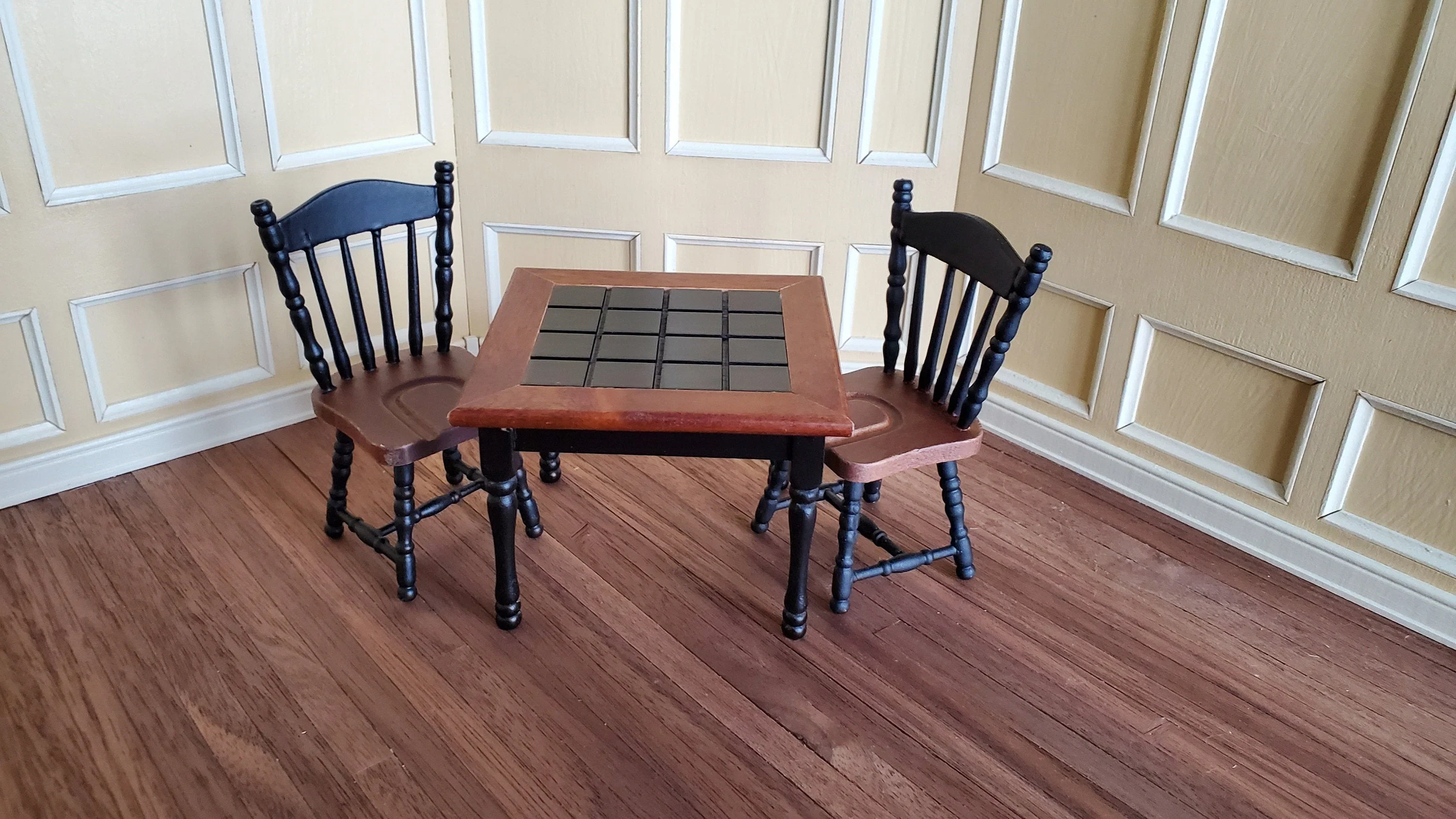 Dollhouse Miniature Kitchen Chair Black & Dark Walnut Spindle Back 1:12 Scale - Image 3