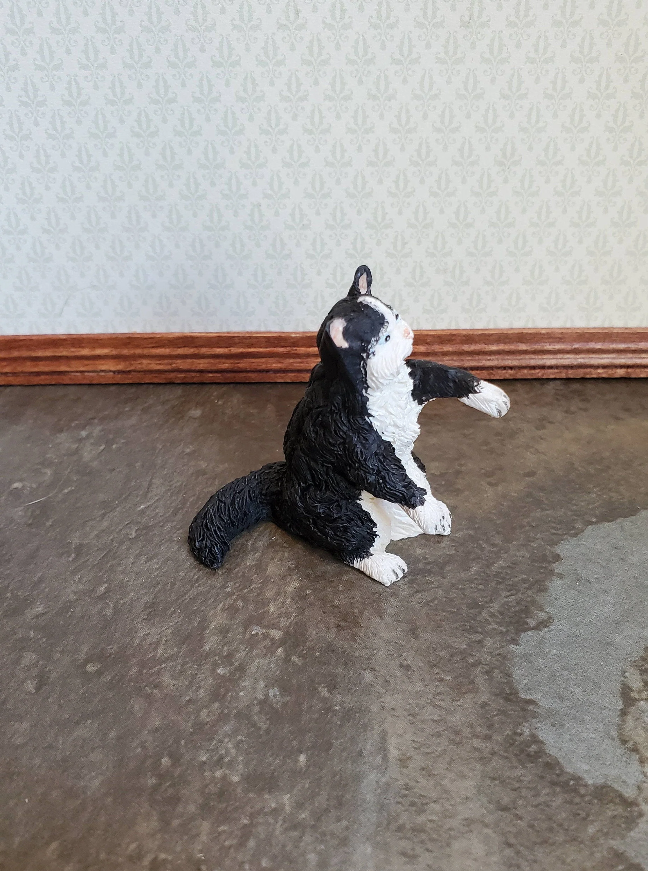 Dollhouse Miniature Kitty Cat Black & White Playful Long Fur 1:12 Scale Pets Animals