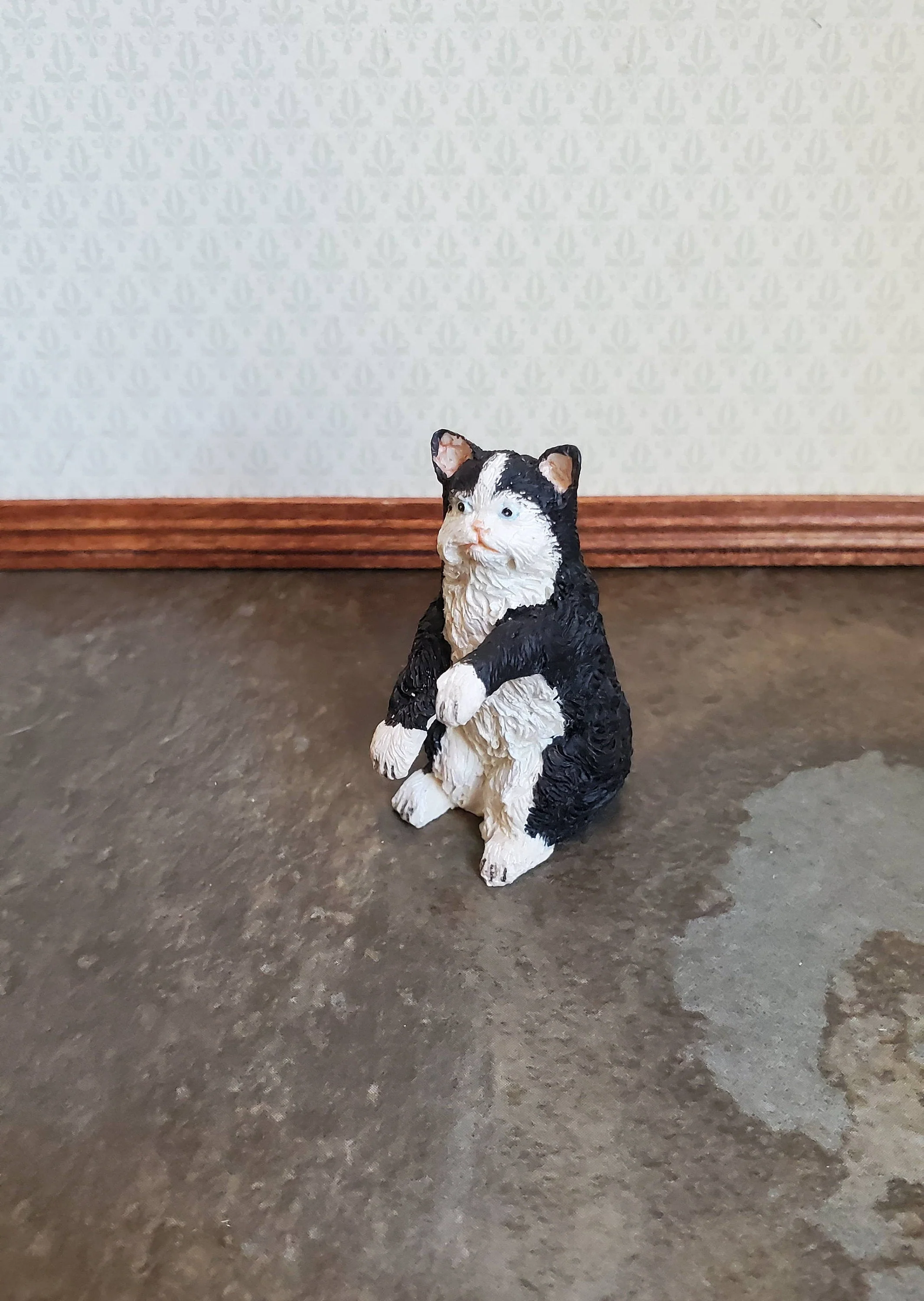 Dollhouse Miniature Kitty Cat Black & White Playful Long Fur 1:12 Scale Pets Animals - Image 2