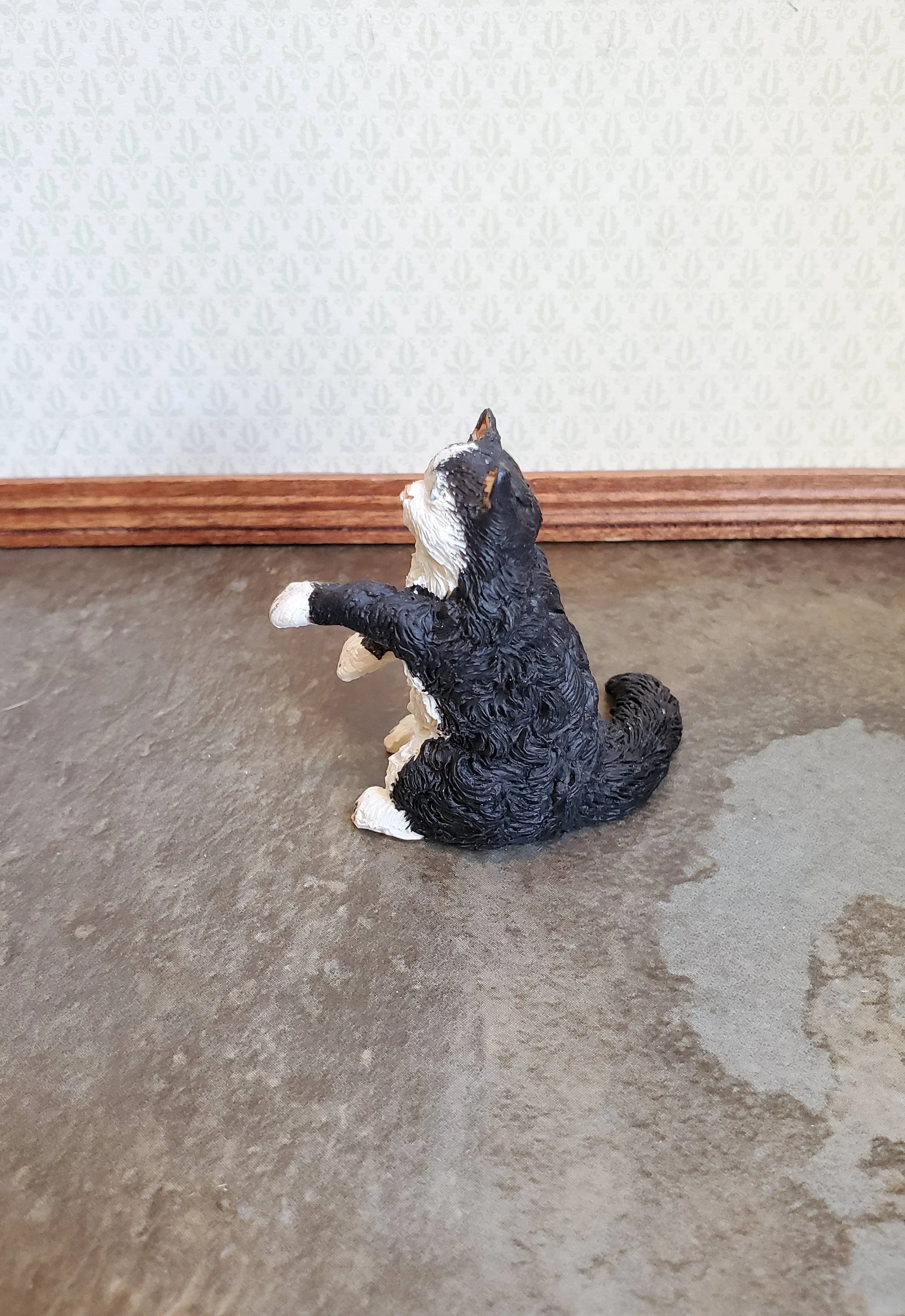 Dollhouse Miniature Kitty Cat Black & White Playful Long Fur 1:12 Scale Pets Animals - Image 3