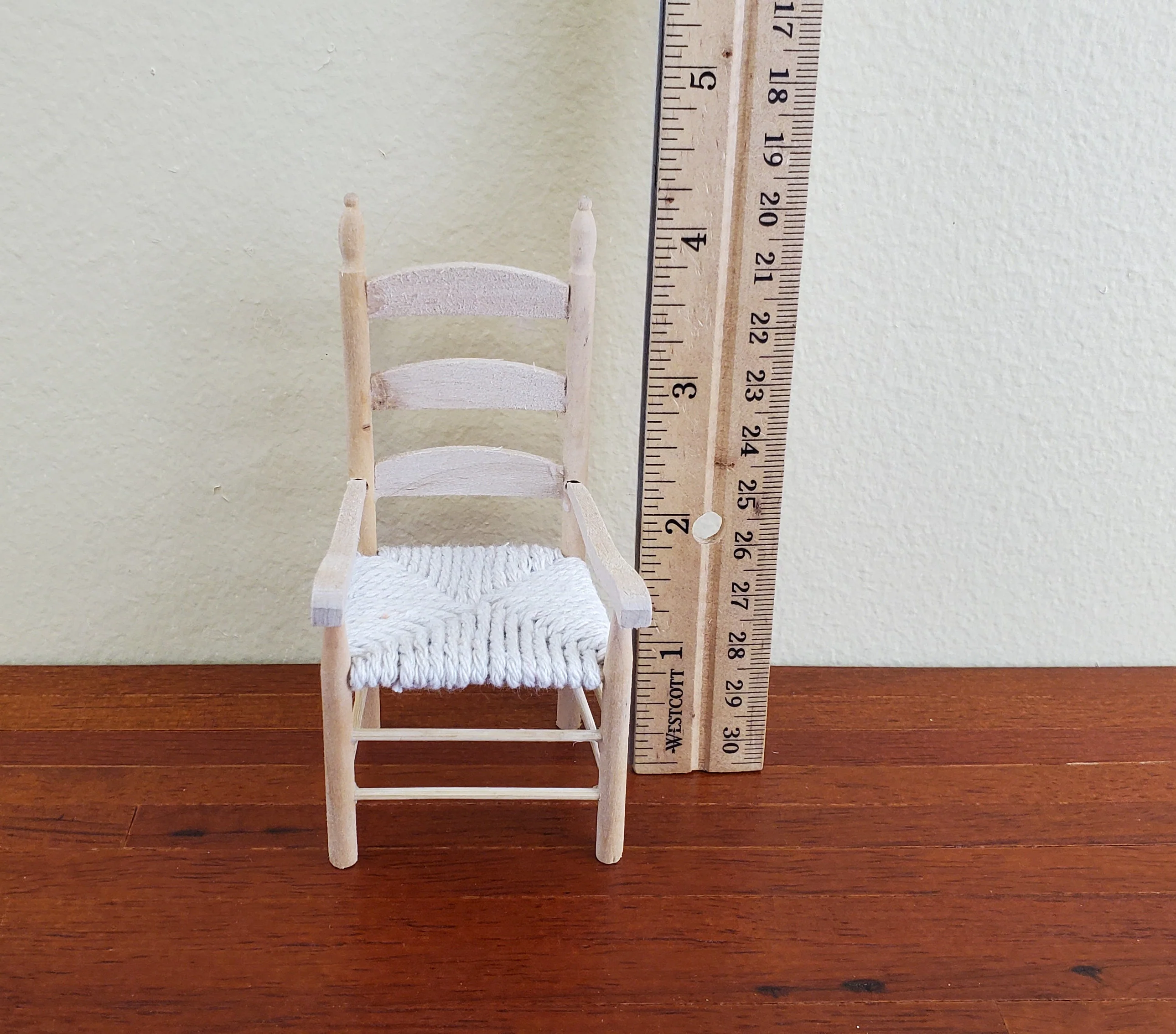 Dollhouse Miniature Ladderback Arm Chair with Rush Seat for Kitchen or Dining Room 1:12 Scale Barewood - Image 4