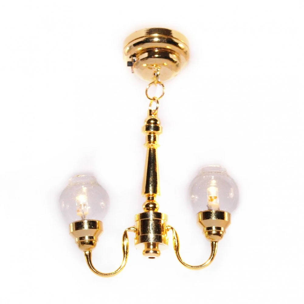 Dollhouse Miniature LED Battery Ceiling Light 2 Arm Clear Globes 1:12 Scale - Image 2