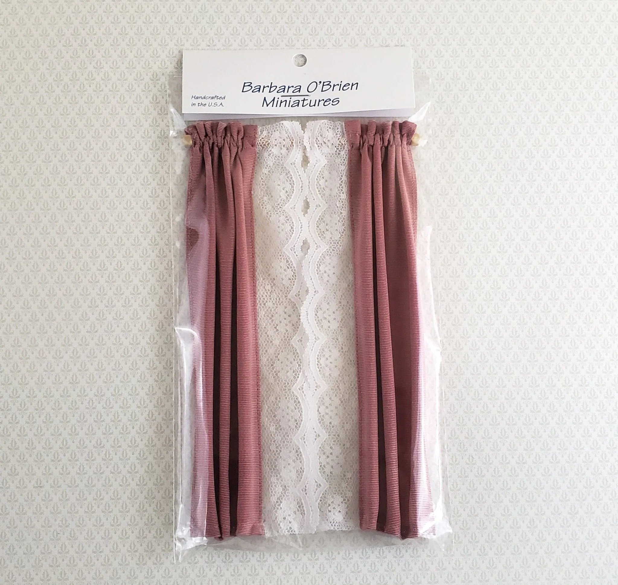 Dollhouse Miniature Long Curtains with Lace Dusty Rose with Rod 1:12 Scale Handmade