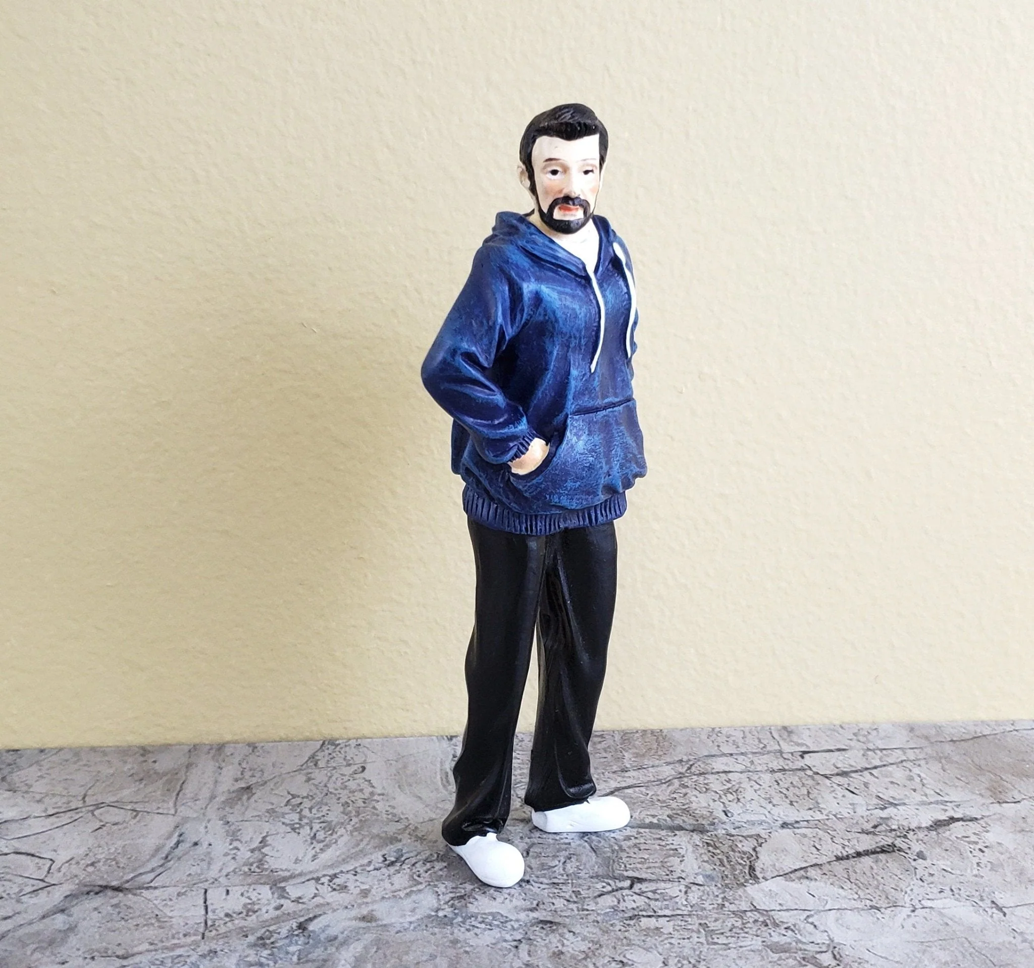 Dollhouse Miniature Man Modern Father Dad Standing Beard Blue Hoodie 1:12 Scale - Image 2