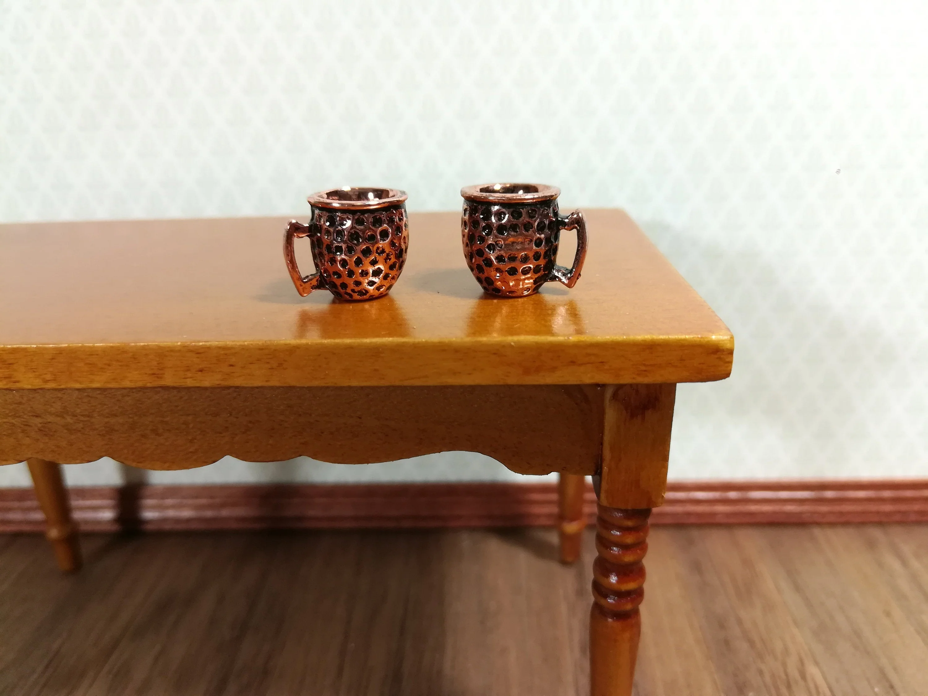 Dollhouse Miniature Mugs Hammered Copper Metal Cups 1:12 Scale Set of 2