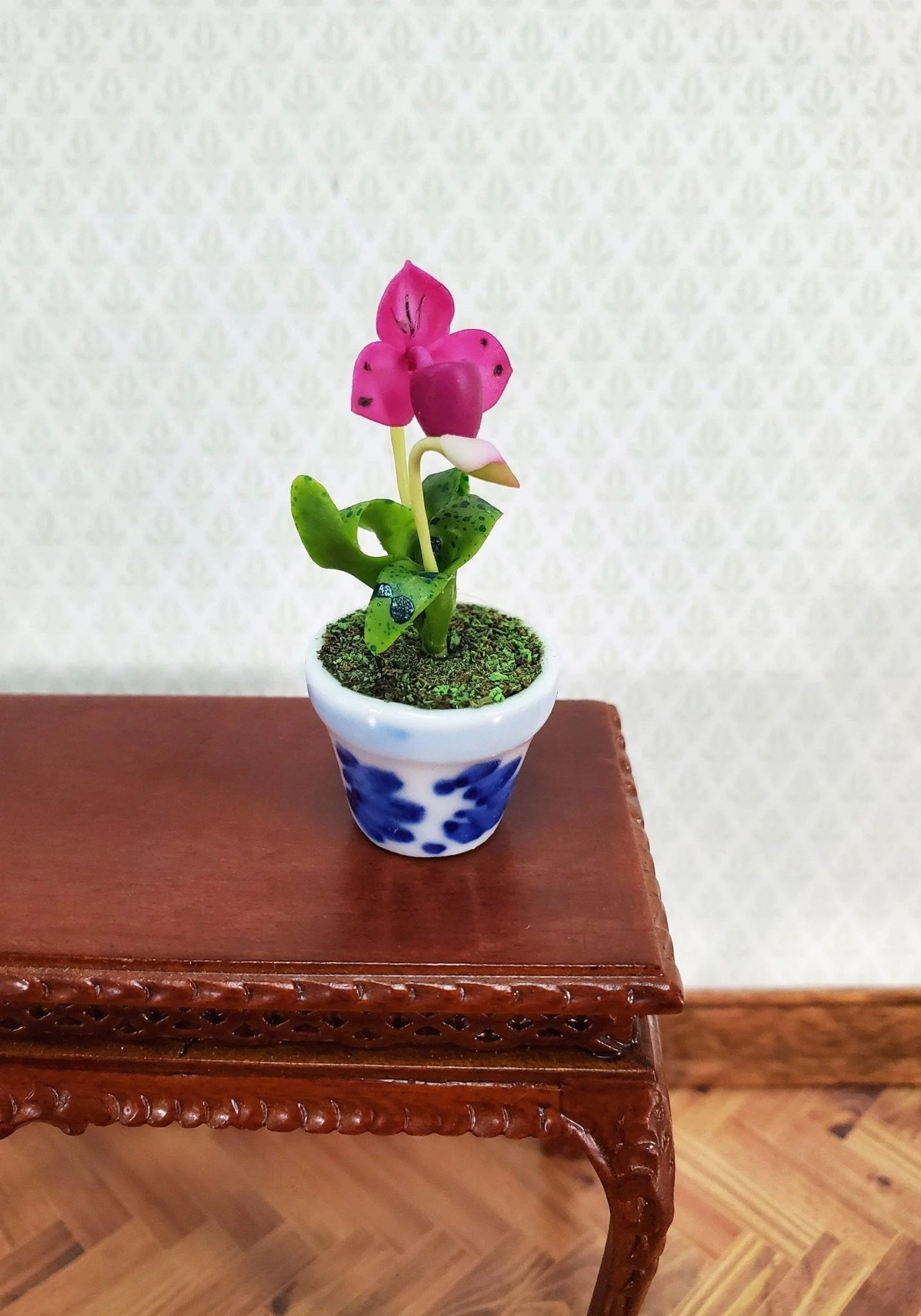 Dollhouse Miniature Orchid Lady Slipper Pink Flowering Plant in Ceramic Pot 1:12 Scale