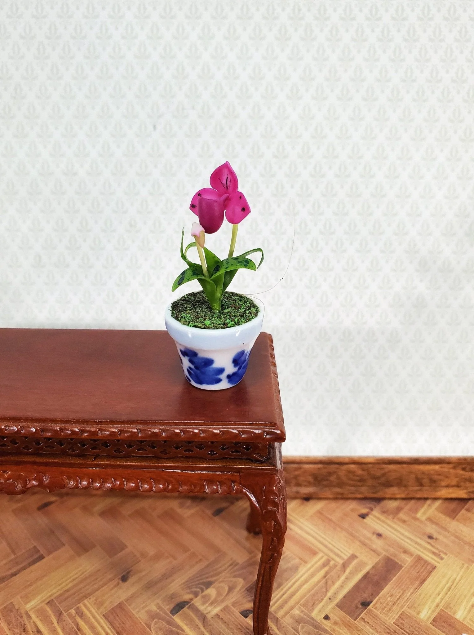 Dollhouse Miniature Orchid Lady Slipper Pink Flowering Plant in Ceramic Pot 1:12 Scale - Image 2