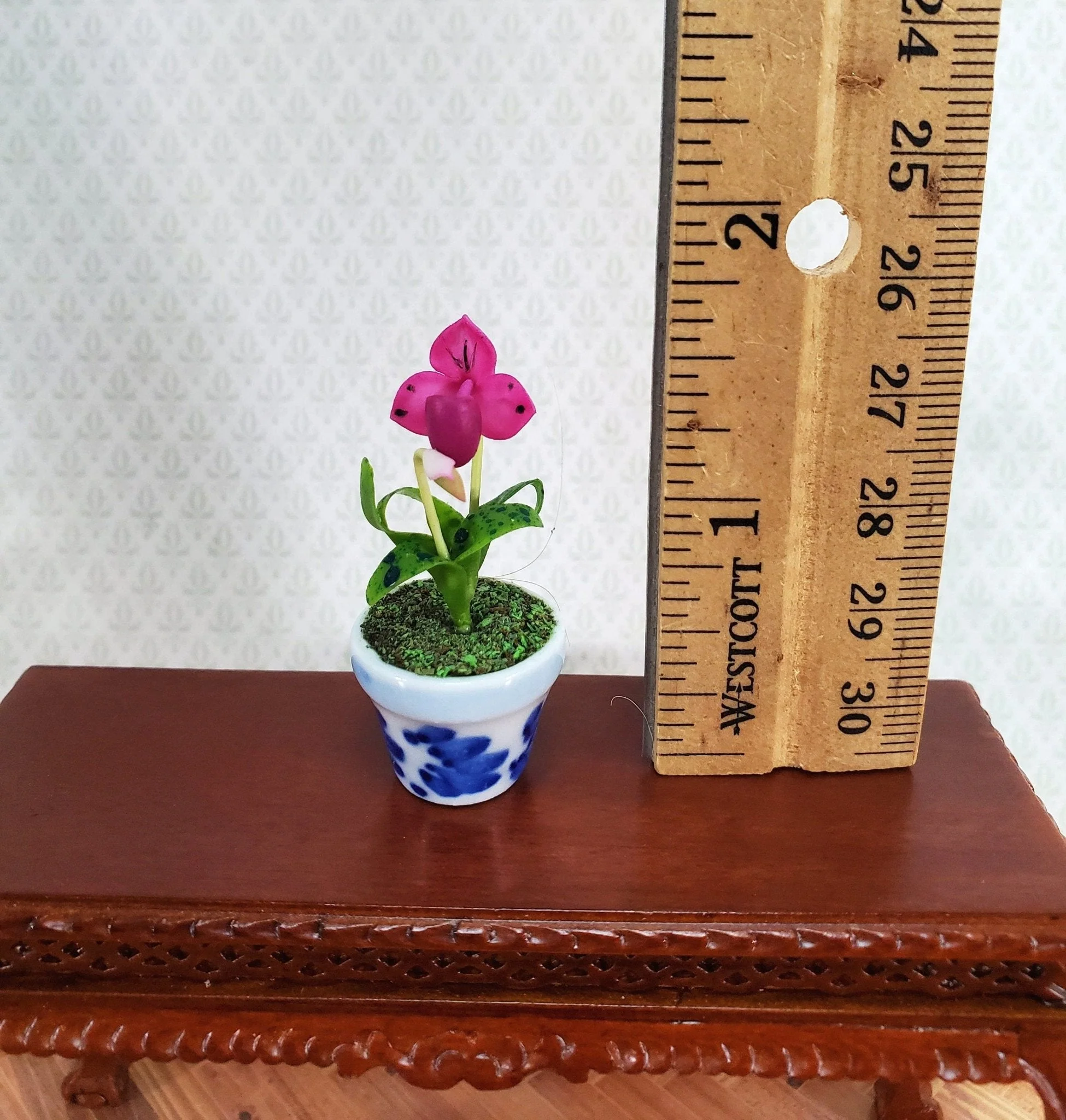 Dollhouse Miniature Orchid Lady Slipper Pink Flowering Plant in Ceramic Pot 1:12 Scale - Image 3