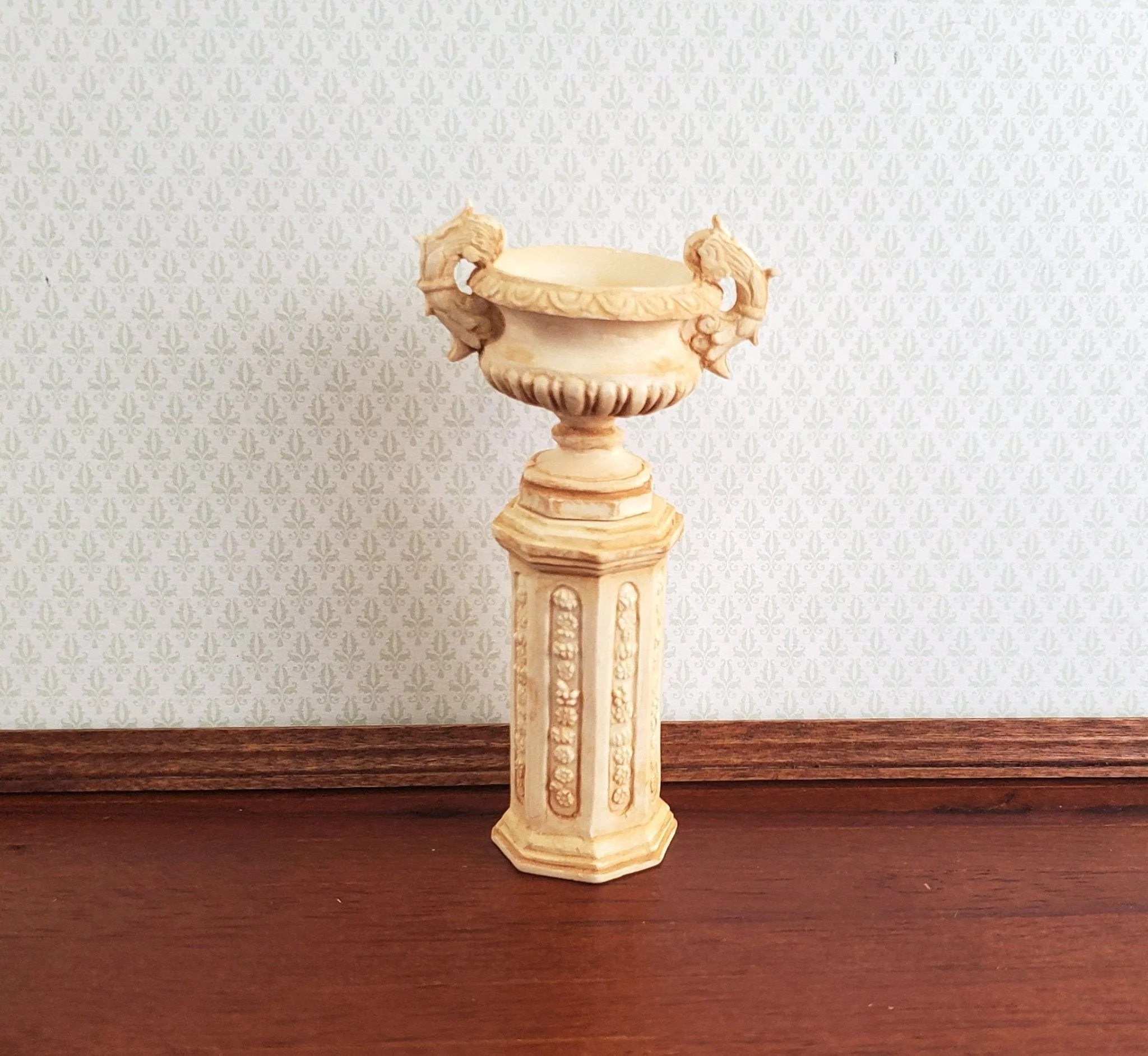 Dollhouse Miniature Pedestal Plant Stand w/ 2 Handled Urn Cast Resin 1:12 Scale Aged Tan
