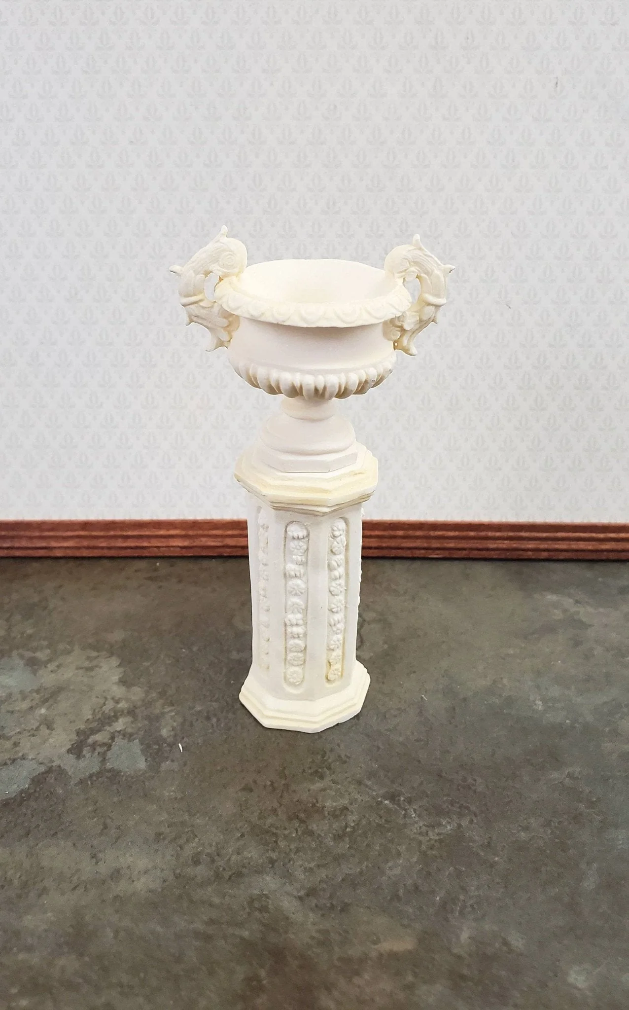 Dollhouse Miniature Pedestal Plant Stand w/ 2 Handled Urn Cast Resin 1:12 Scale Ivory