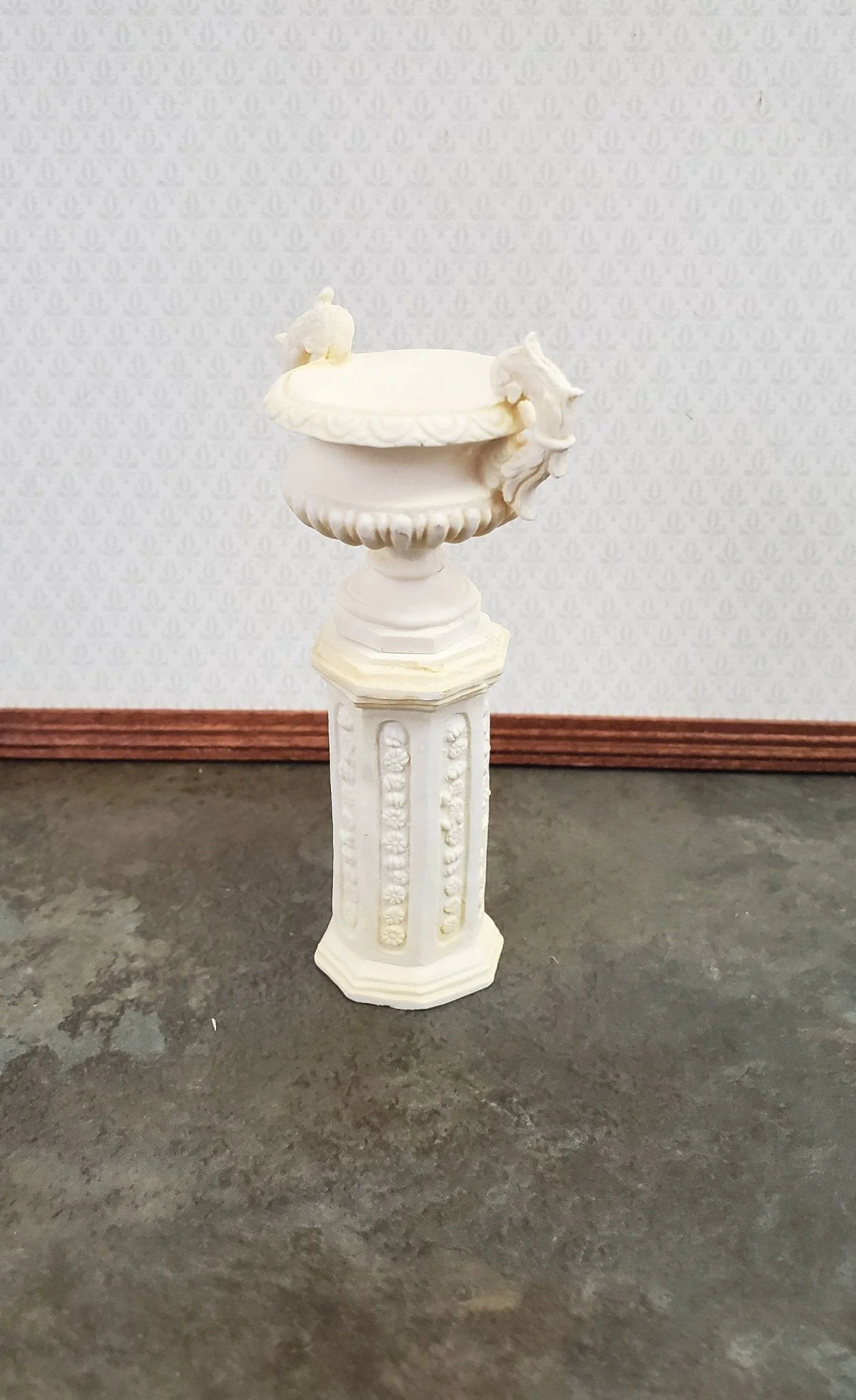 Dollhouse Miniature Pedestal Plant Stand w/ 2 Handled Urn Cast Resin 1:12 Scale Ivory - Image 2