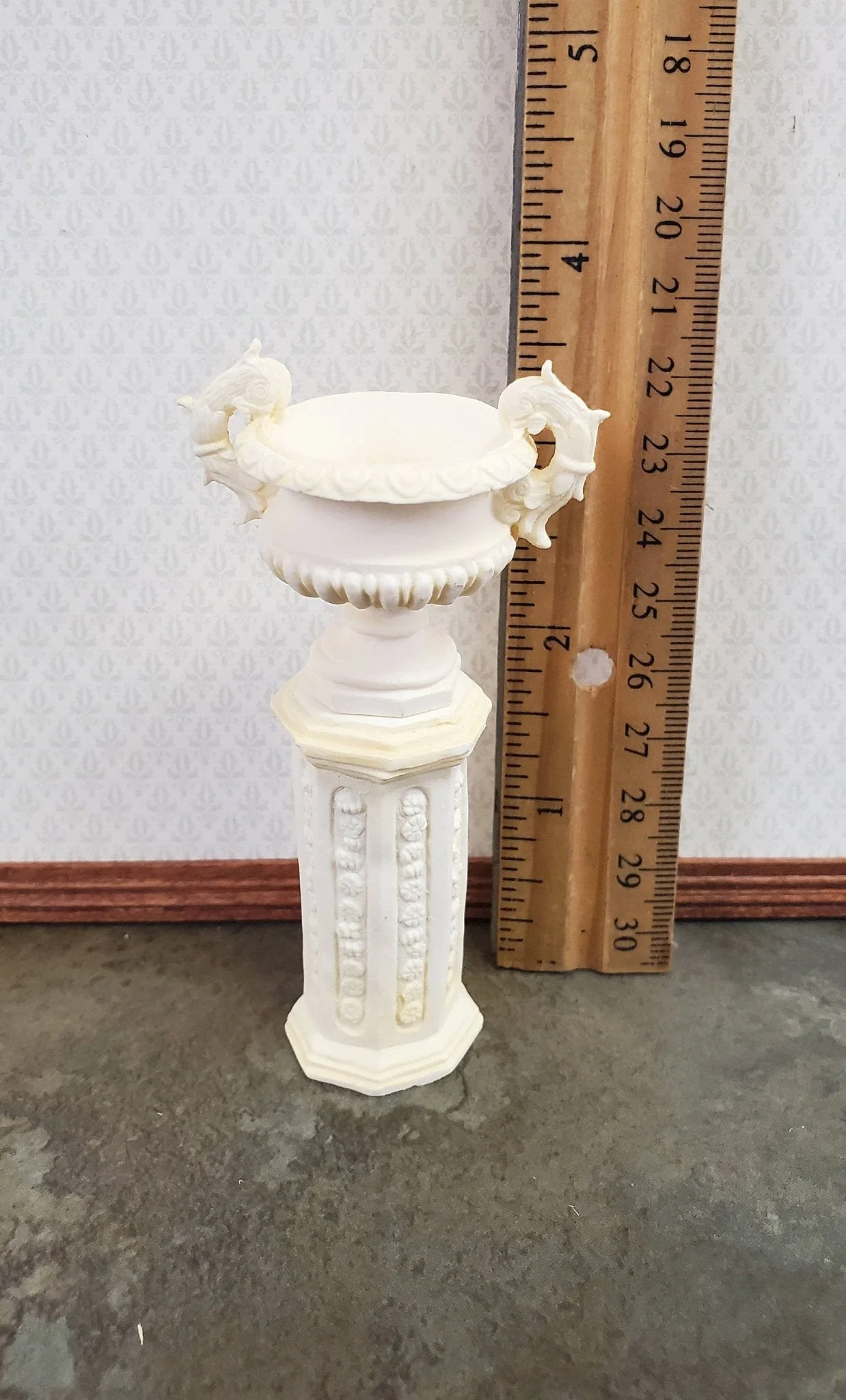 Dollhouse Miniature Pedestal Plant Stand w/ 2 Handled Urn Cast Resin 1:12 Scale Ivory - Image 3