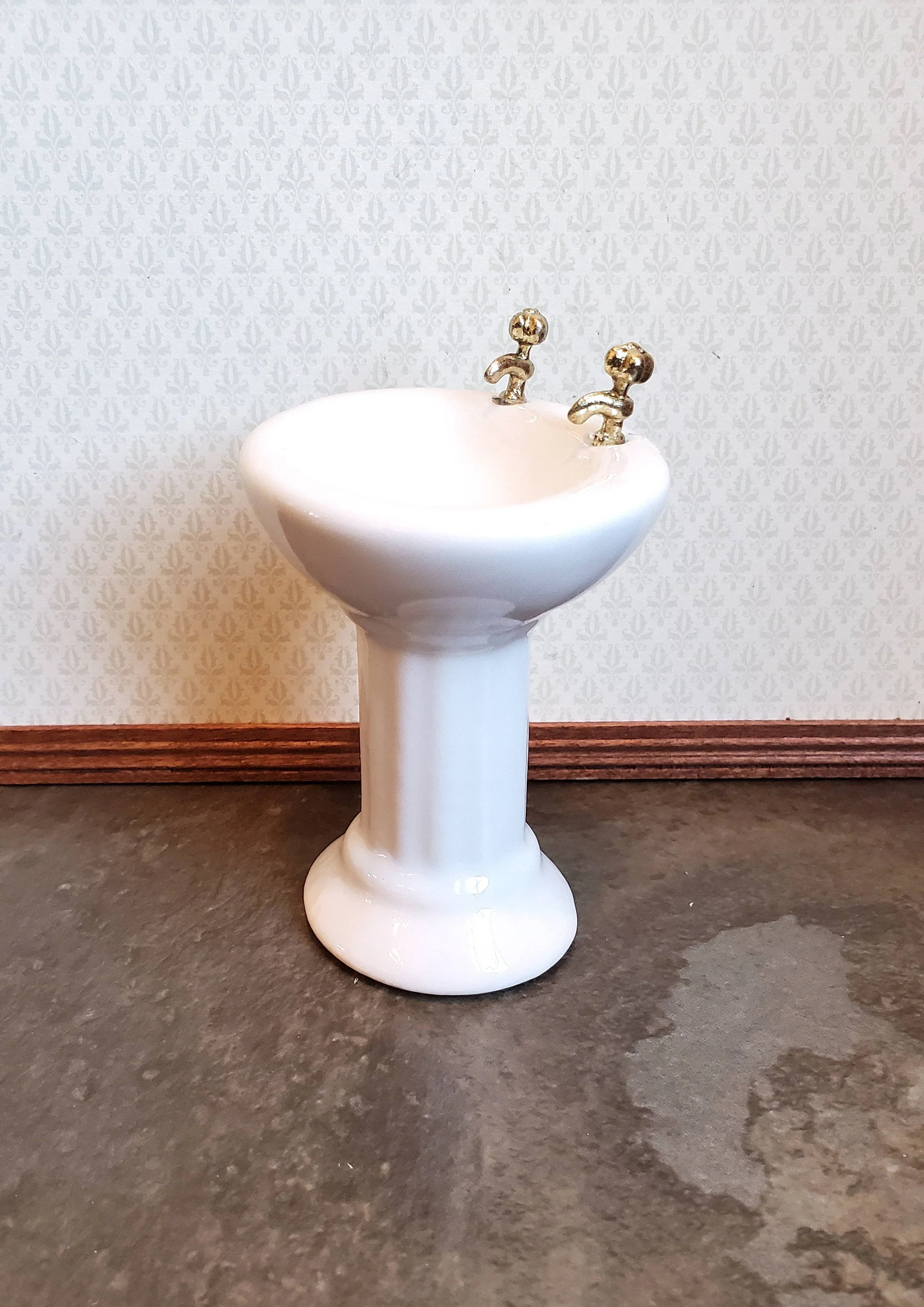 Dollhouse Miniature Pedestal Sink Bathroom White Ceramic Gold Handles 1:12 Scale - Image 2