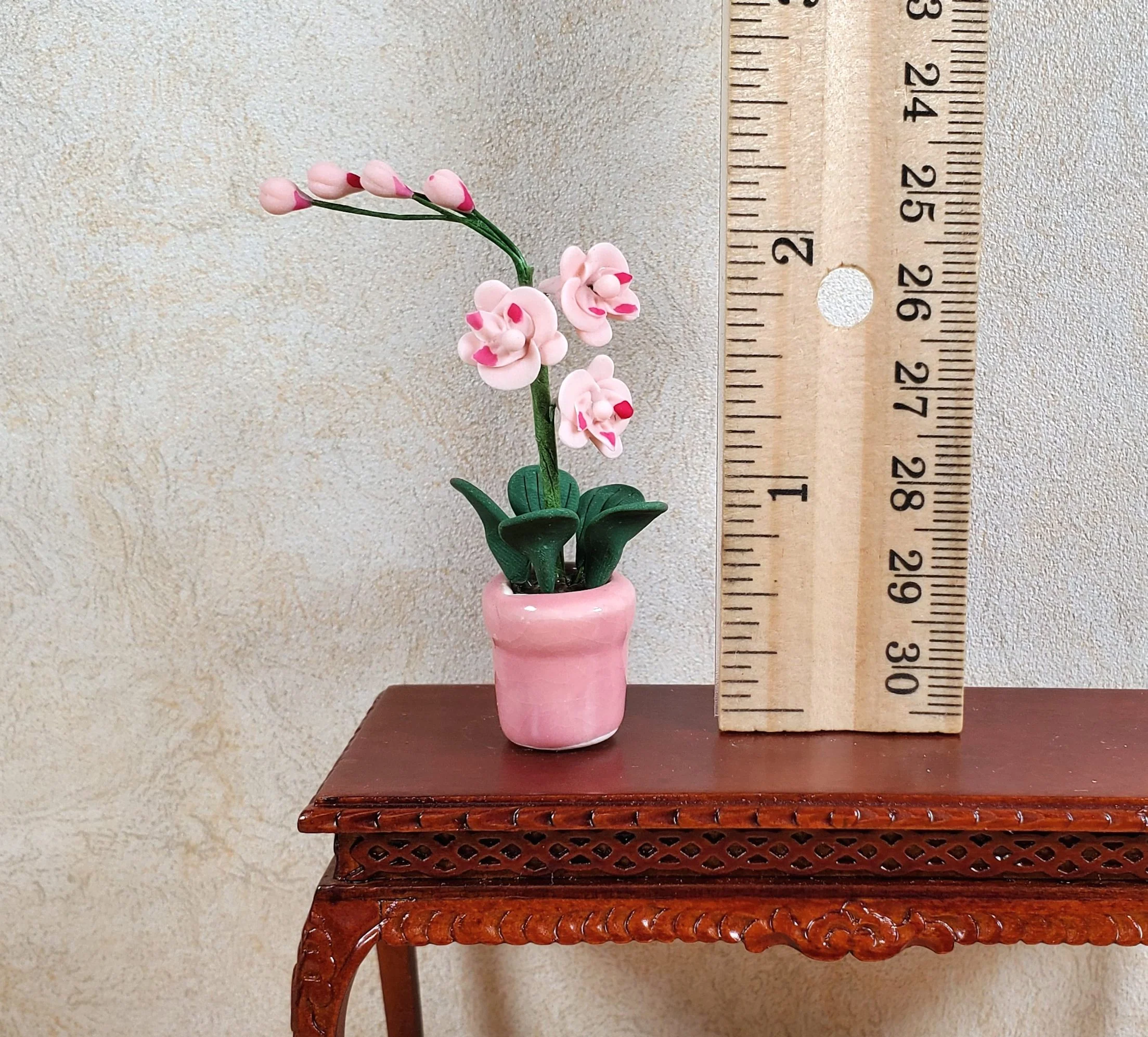 Dollhouse Miniature Pink Phalaenopsis Orchid in a Pink Ceramic Pot 1:12 Scale - Image 3