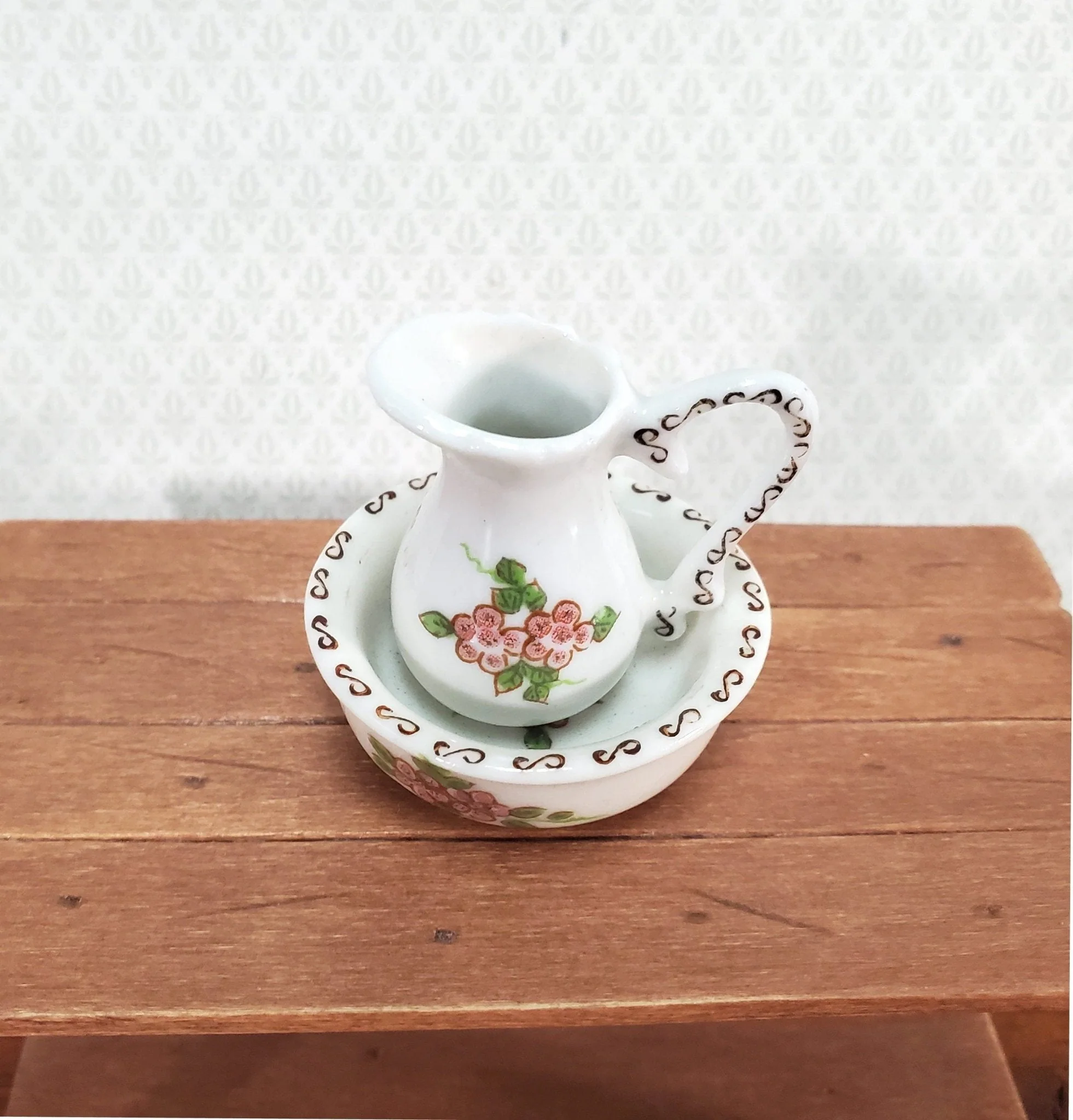 Dollhouse Miniature Pitcher with Handle and Bowl Wash Basin LARGE Ceramic - Image 2
