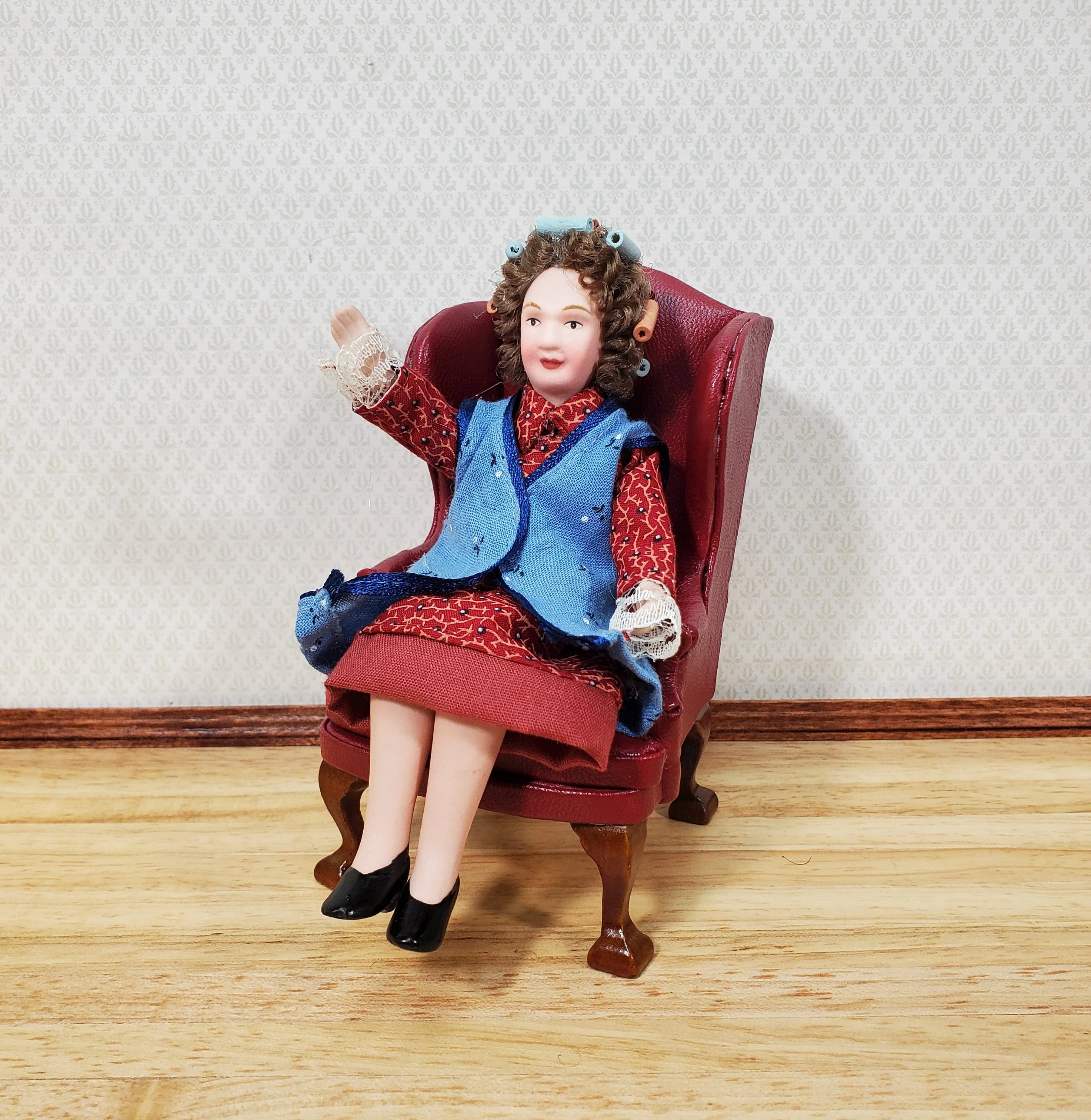 Dollhouse Miniature Porcelain Doll Modern Grandma or Mom with Curlers 1:12 Scale - Image 3