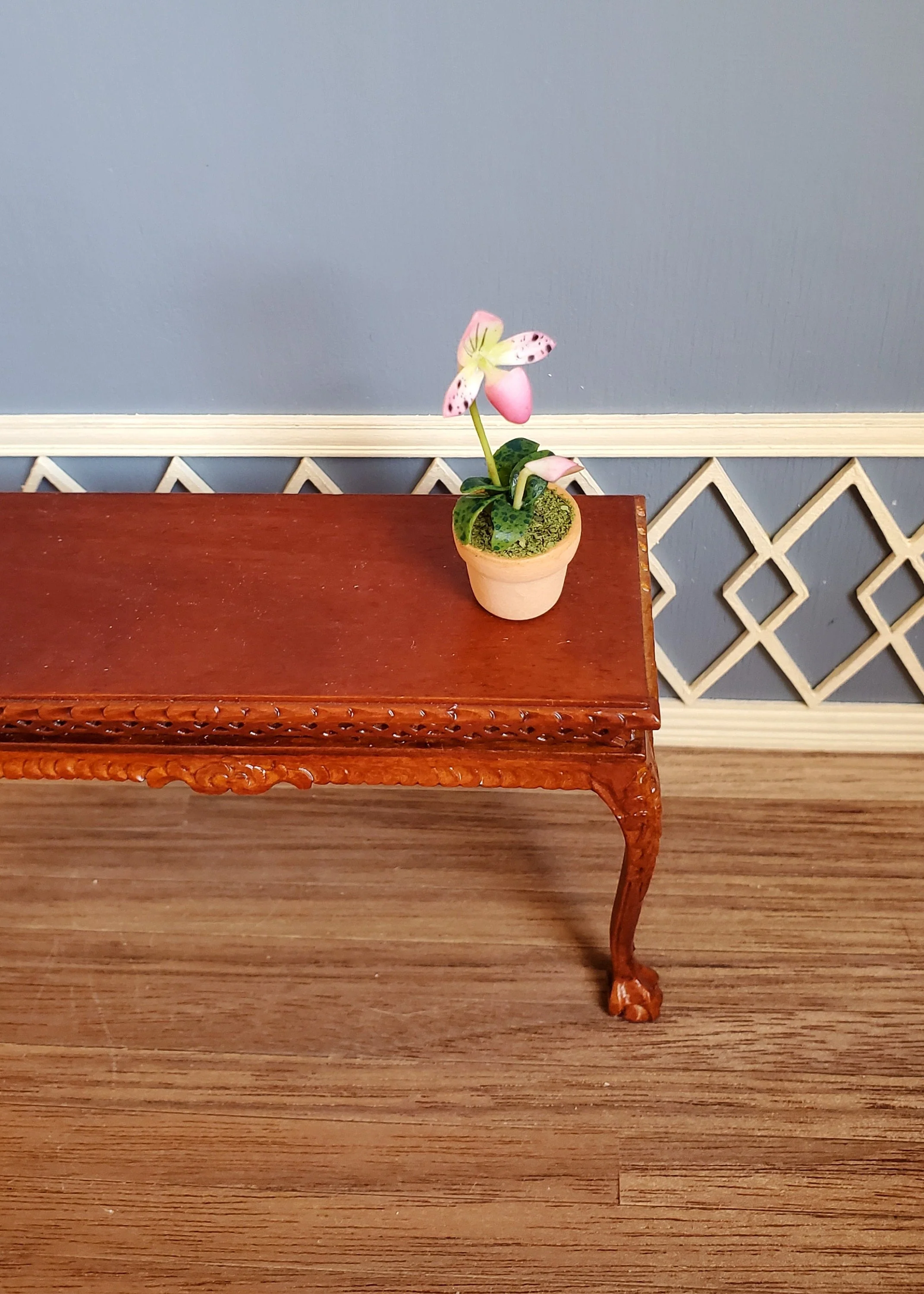 Dollhouse Miniature Potted Orchid Pink & White Flowering Plant in Clay Pot 1:12 Scale - Image 3