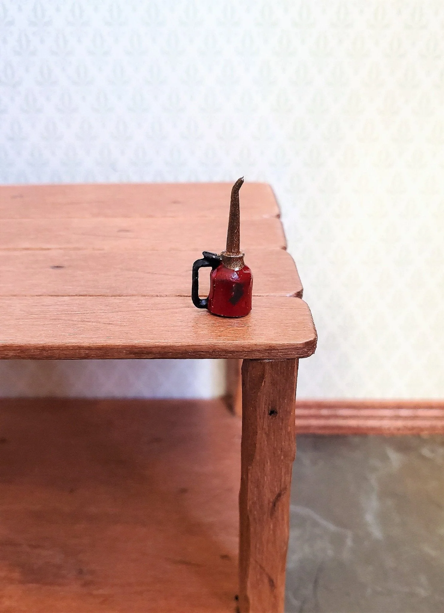 Dollhouse Miniature Pump Oil Can Red Distressed Sir Thomas Thumb 1:12 Scale Vintage Style