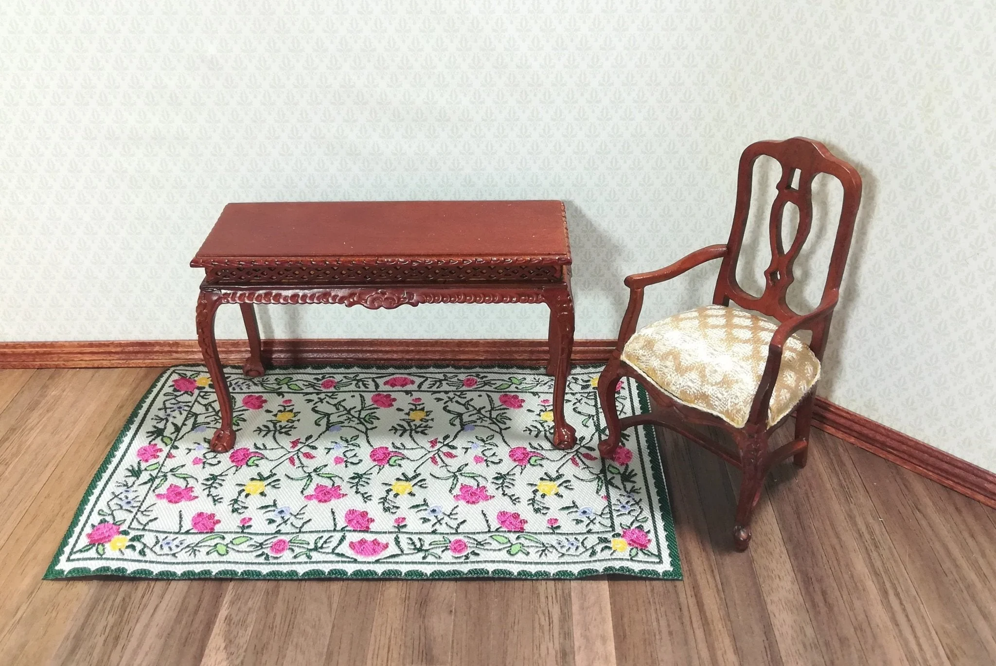 Dollhouse Miniature Rug Floral and Ivy 6 1/2" x 3 7/8" 1:12 Scale Green Cream Pink Yellow - Image 3