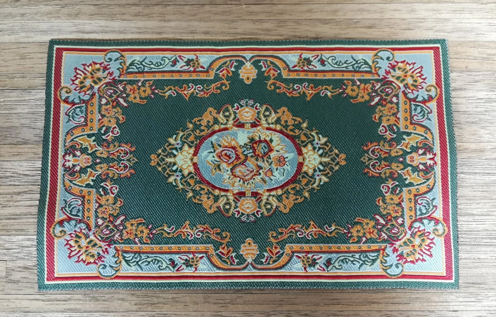 Dollhouse Miniature Rug Green Blue Maroon 5 5/8" x 4" Woven Fabric 1:12 Scale