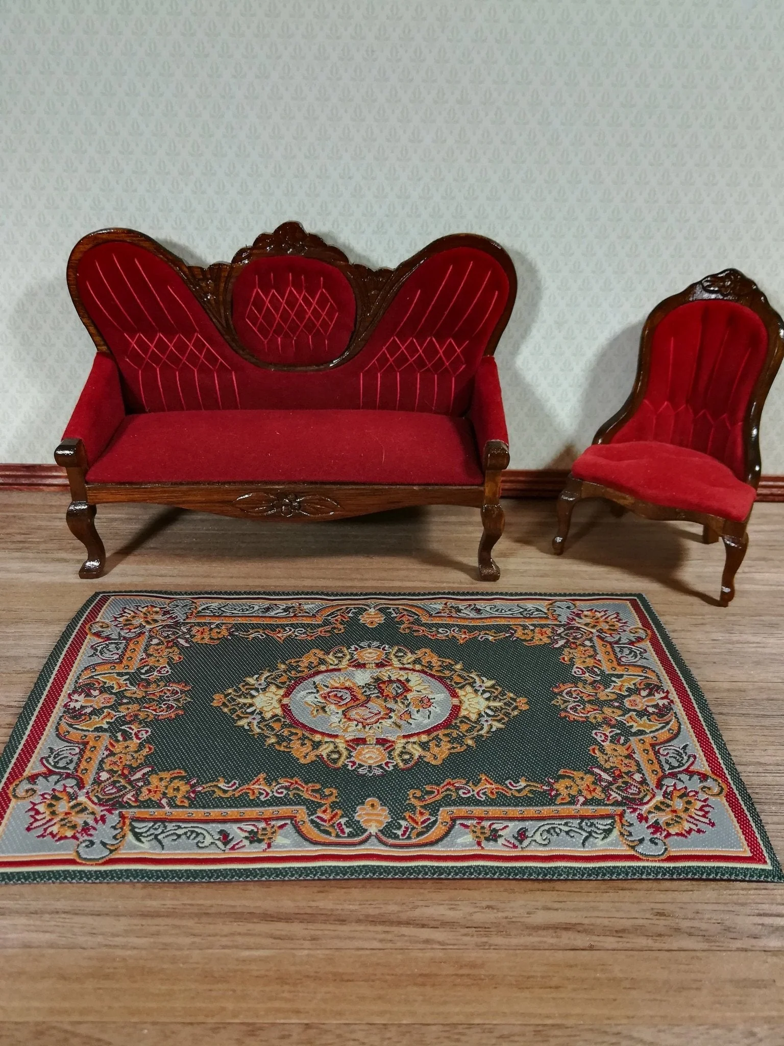 Dollhouse Miniature Rug Green Blue Maroon 5 5/8" x 4" Woven Fabric 1:12 Scale - Image 2