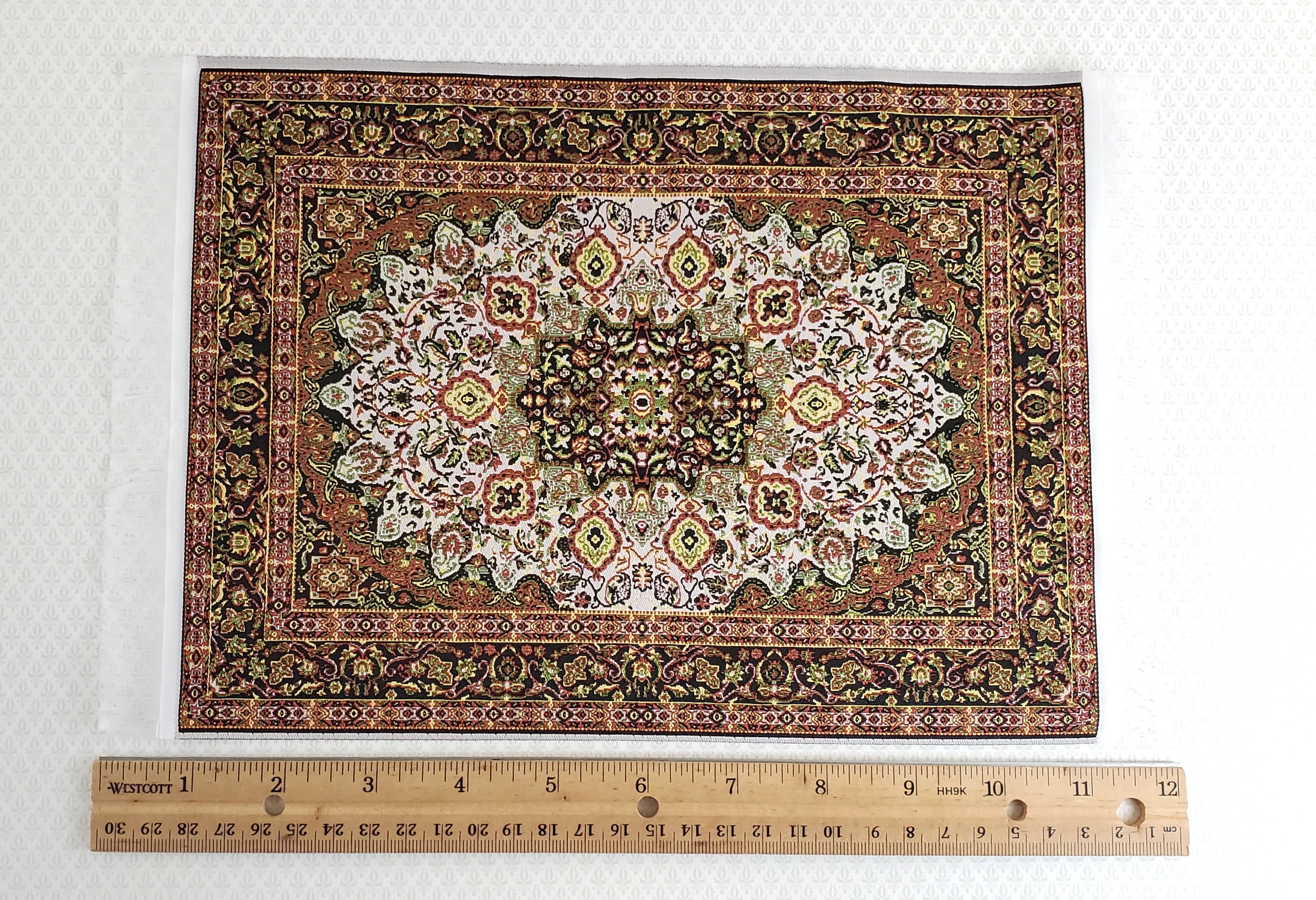 Dollhouse Miniature Rug Large Gold & Green with Fringe Full Room Carpet 1:12 Scale - Image 3