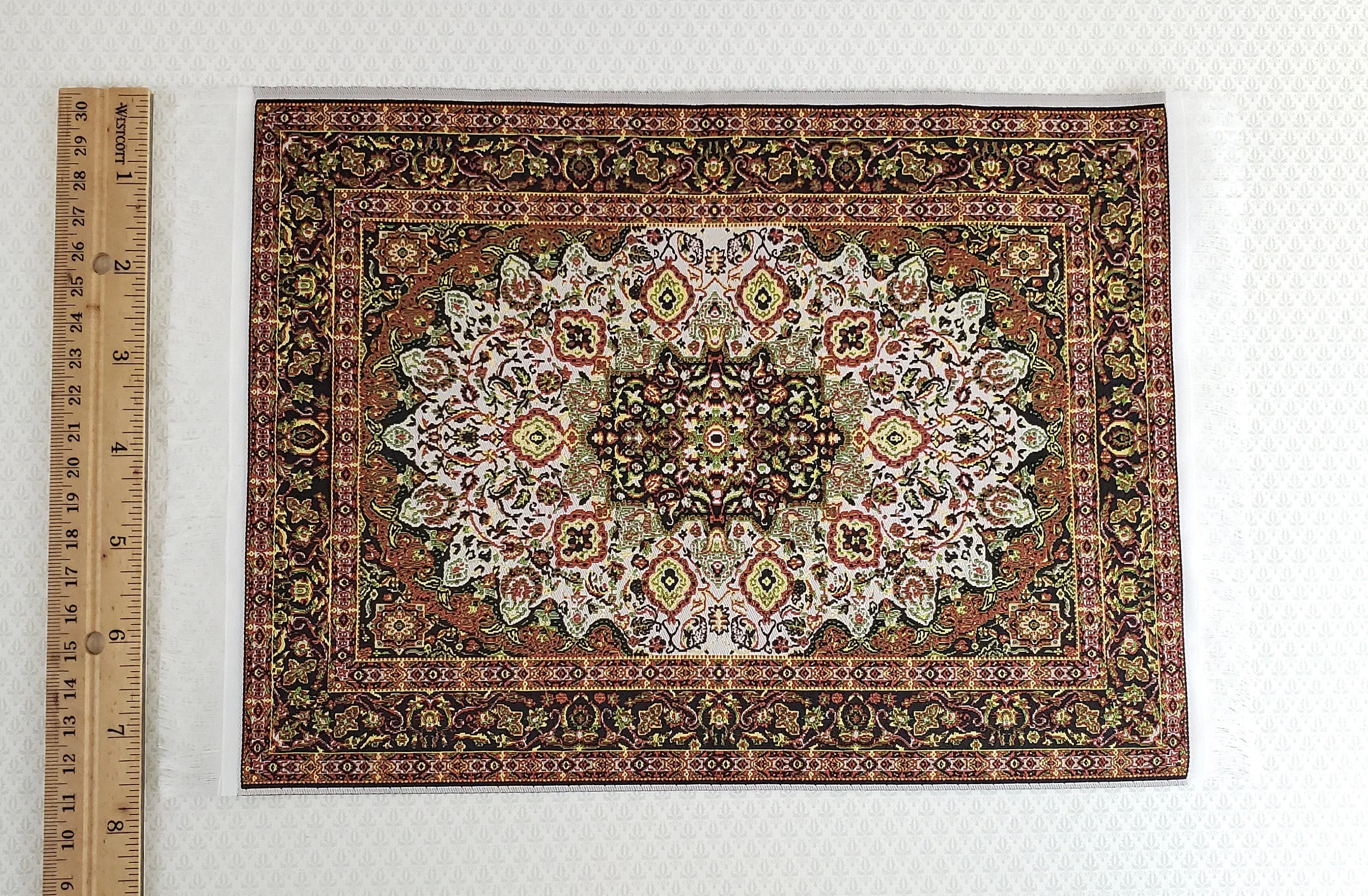 Dollhouse Miniature Rug Large Gold & Green with Fringe Full Room Carpet 1:12 Scale - Image 4