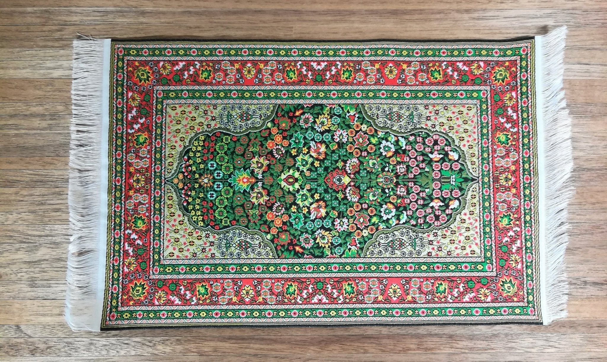 Dollhouse Miniature Rug Large Green Red Gold 9" x 6" with Fringe 1:12 Scale
