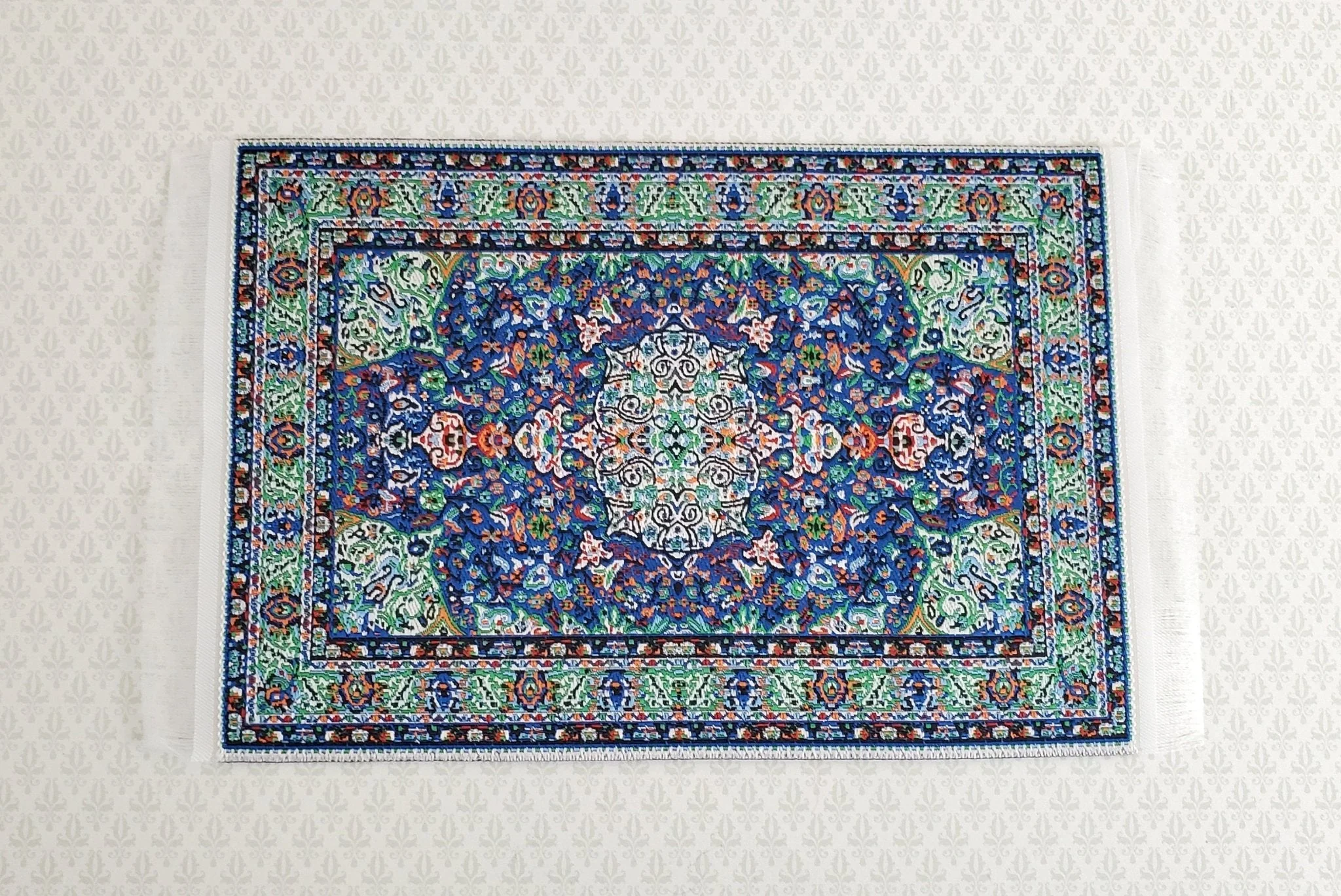Dollhouse Miniature Rug Small Blue Green 6 1/4" x 3 3/4" with Fringe 1:12 Scale
