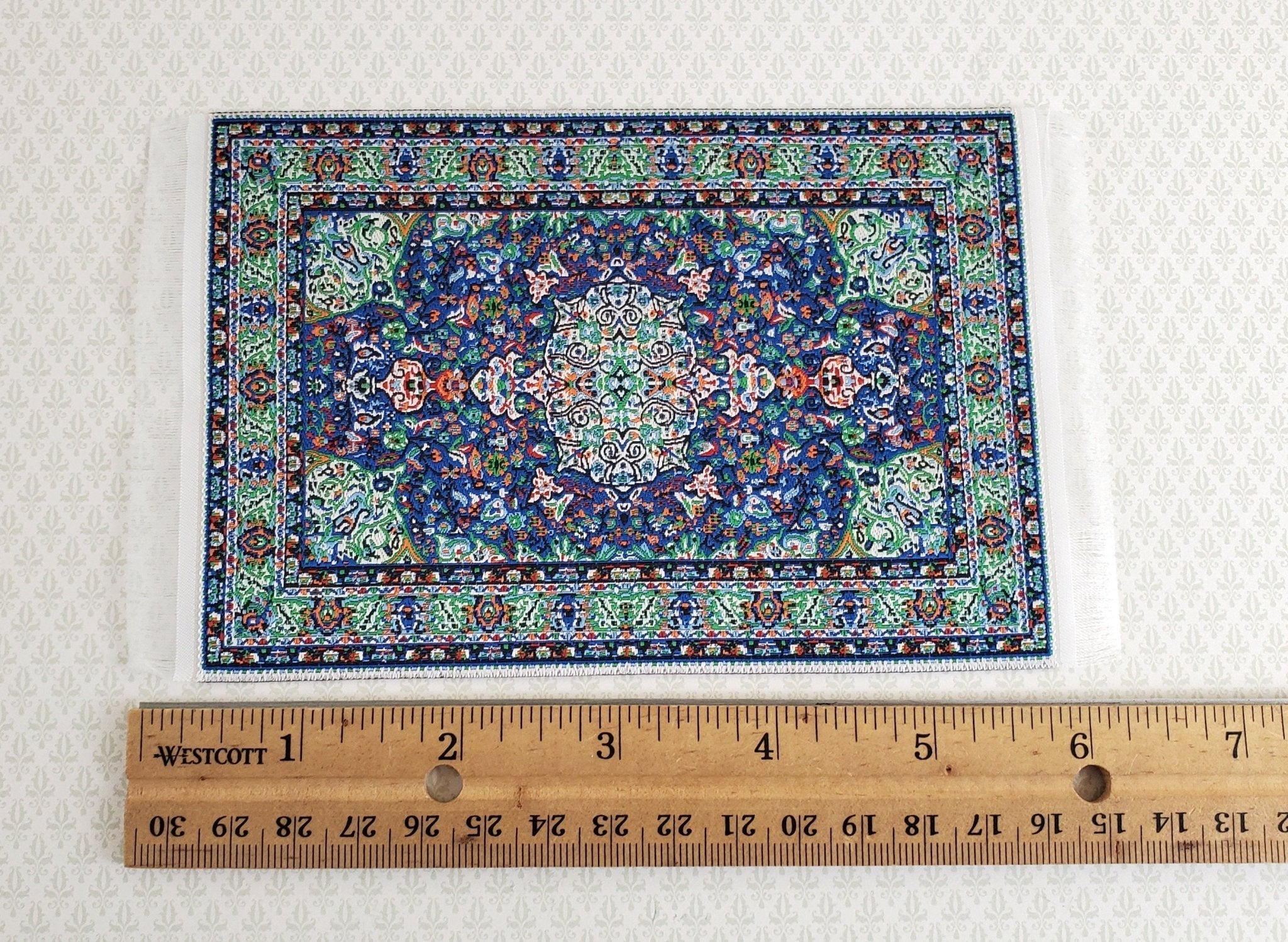 Dollhouse Miniature Rug Small Blue Green 6 1/4" x 3 3/4" with Fringe 1:12 Scale - Image 2