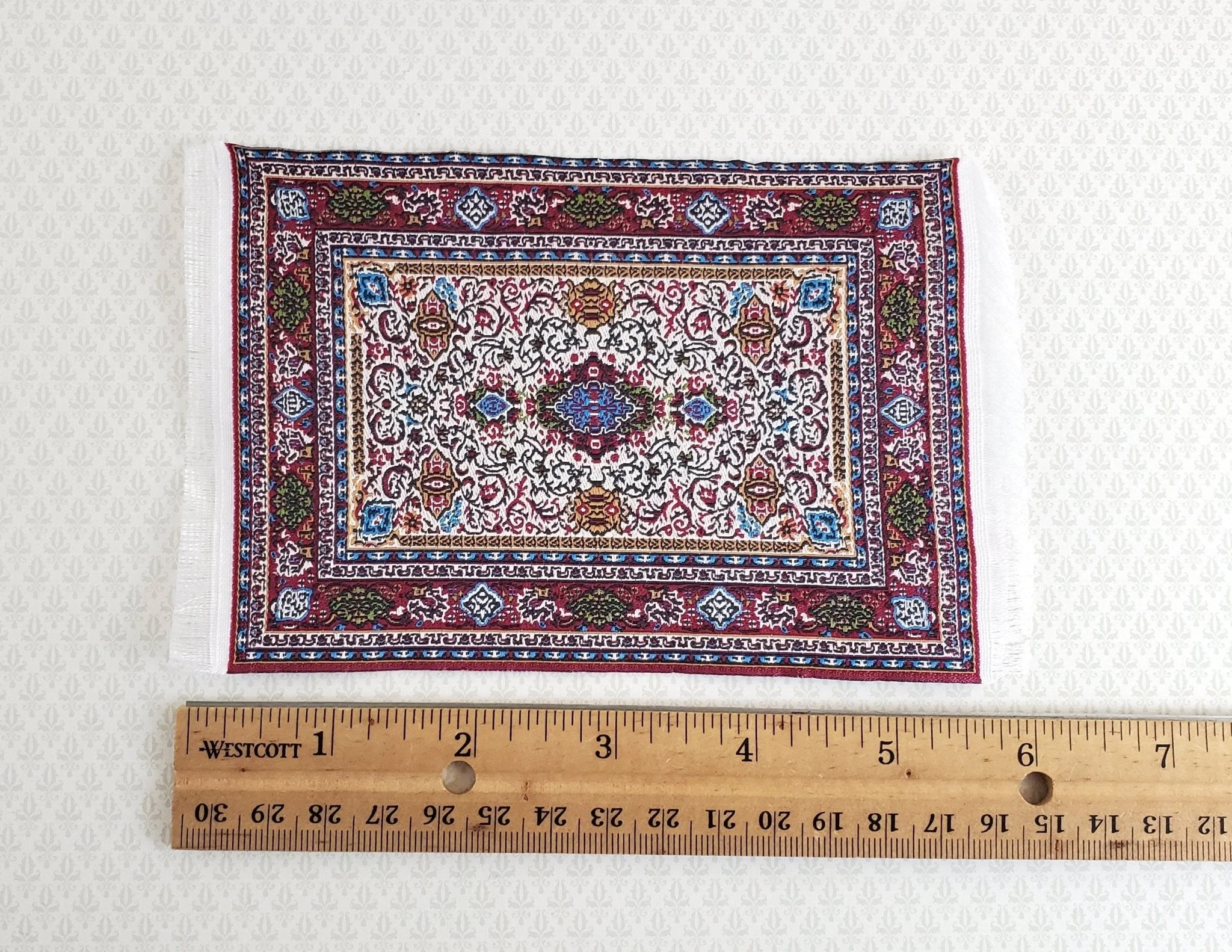 Dollhouse Miniature Rug Small Maroon 6 1/4" x 3 3/4" with Fringe 1:12 Scale - Image 2