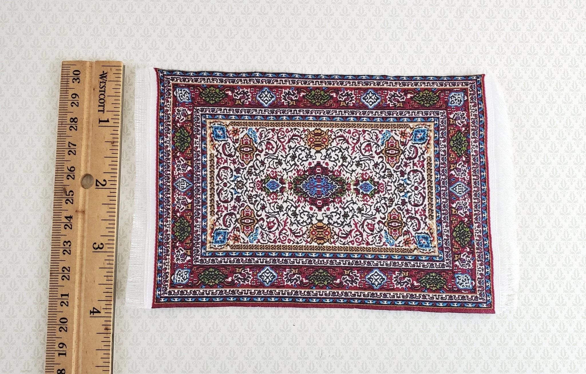 Dollhouse Miniature Rug Small Maroon 6 1/4" x 3 3/4" with Fringe 1:12 Scale - Image 3