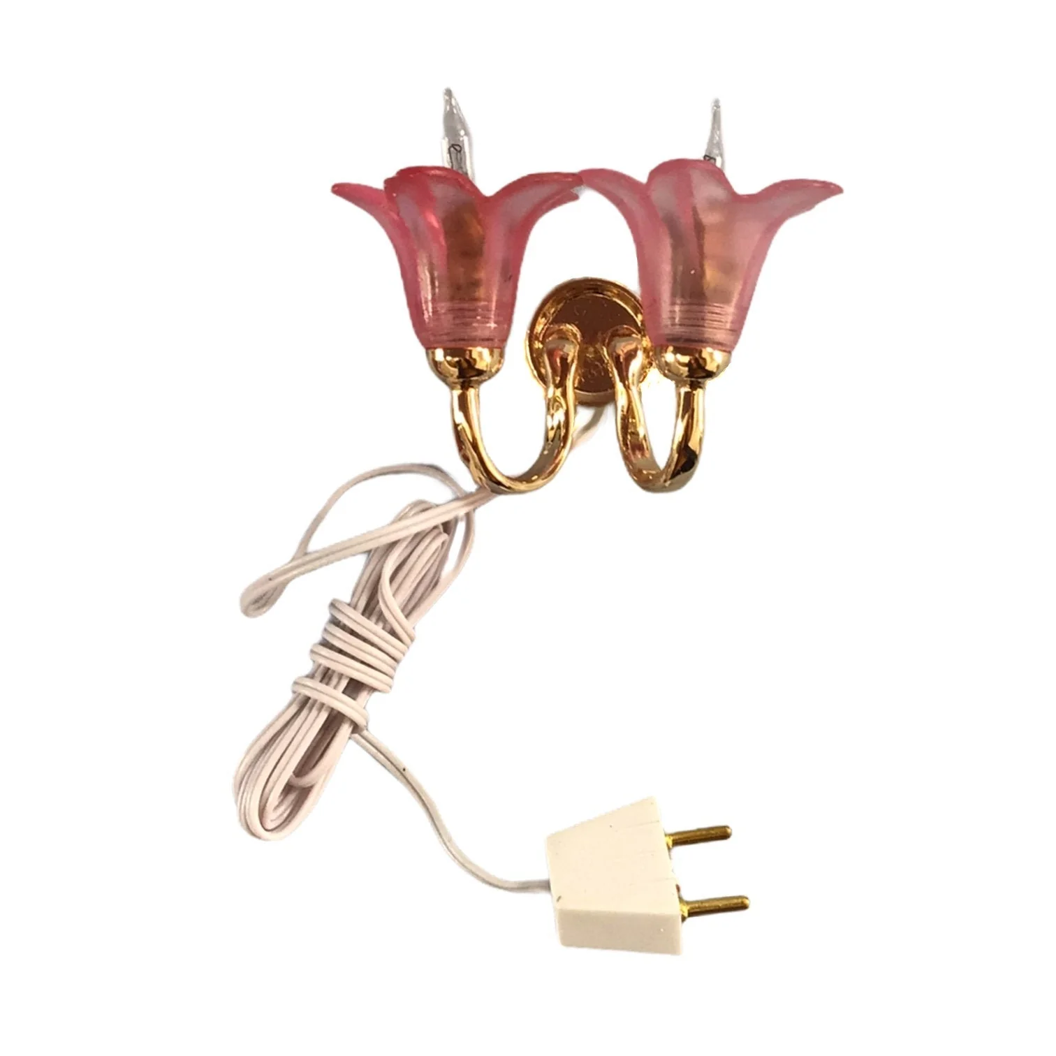 Dollhouse Miniature Sconce Double Flower Pink Shade 12 Volt w/ Plug 1:12 Scale - Image 5