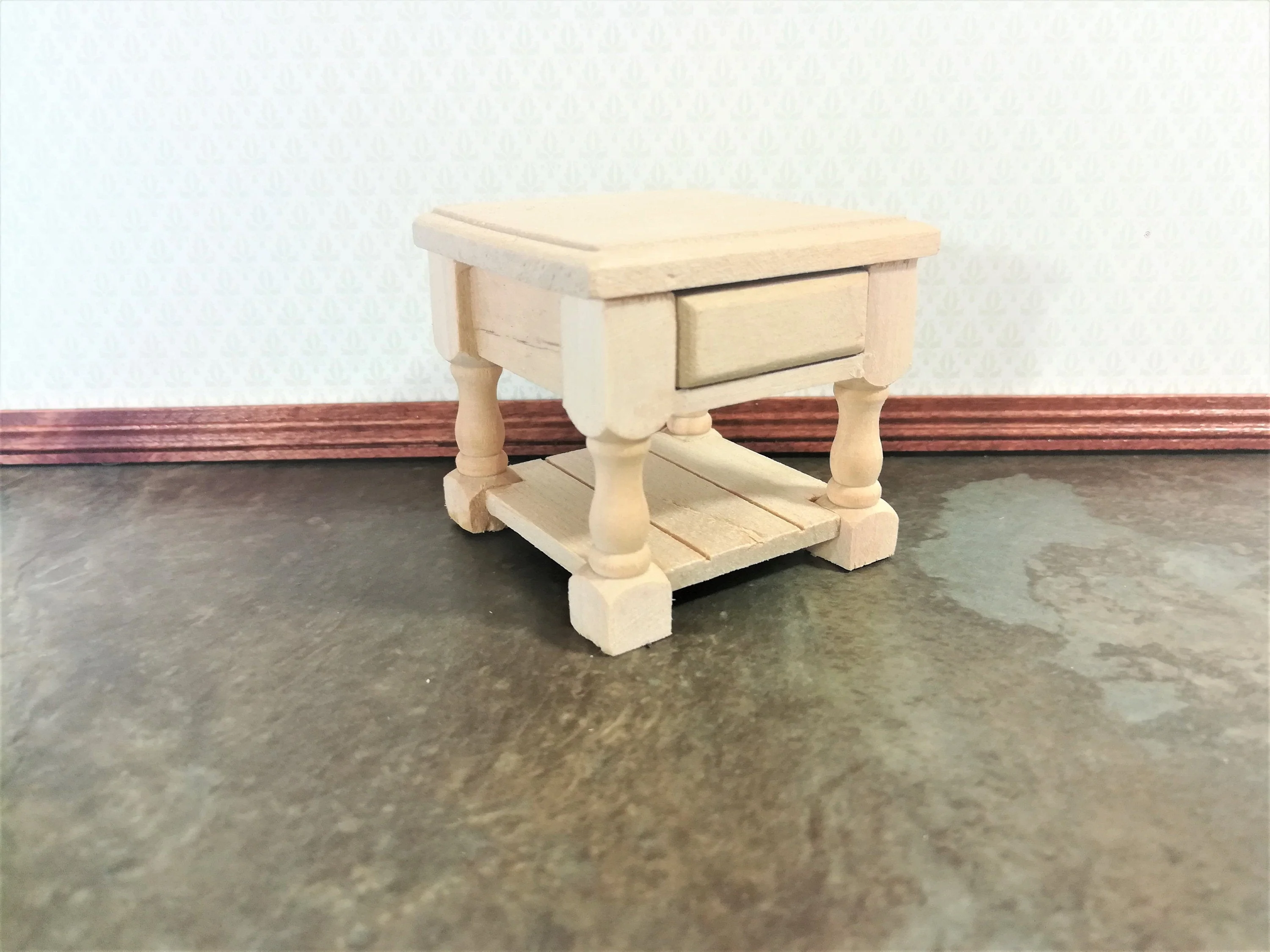 Dollhouse Miniature Side Table or Night Stand with Drawer Unpainted Wood Tudor Style 1:12 Scale Wood - Image 3