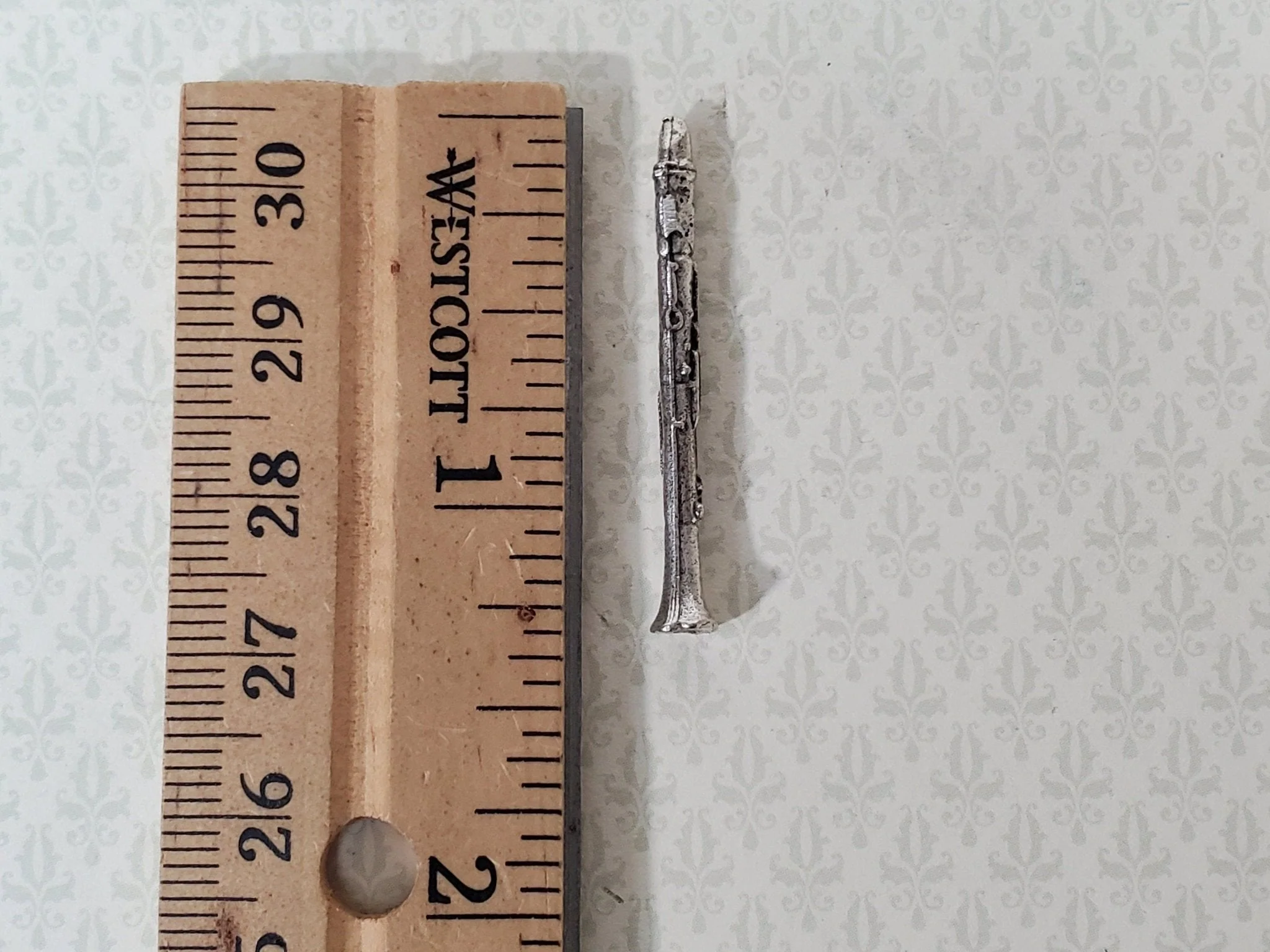 Dollhouse Miniature Small Clarinet 1 3/8" long Miniature Instrument Silver Metal - Image 2