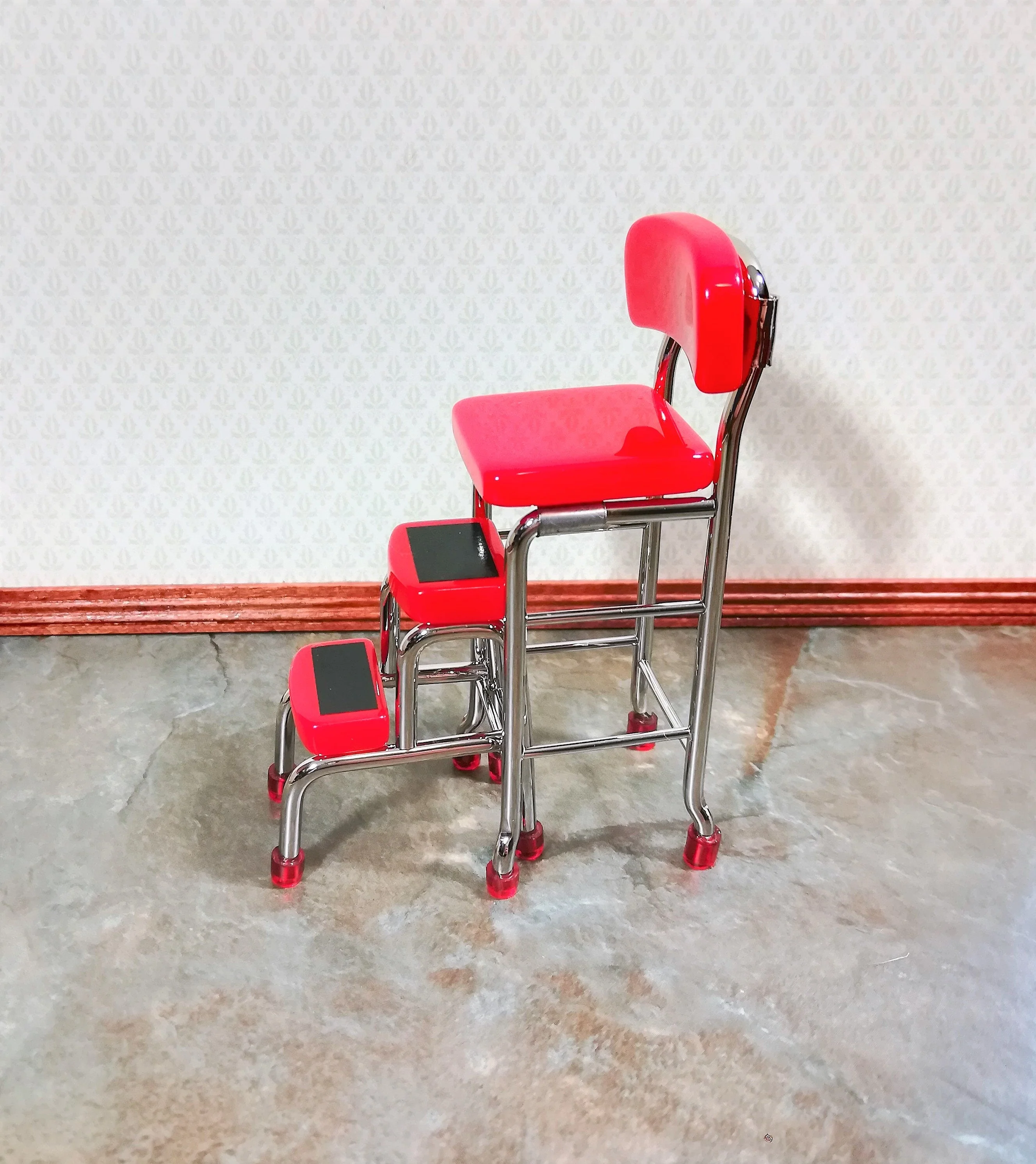 Dollhouse Step Stool Tall Chair 1950s Style Red 1:12 Scale Miniature Furniture - Image 2