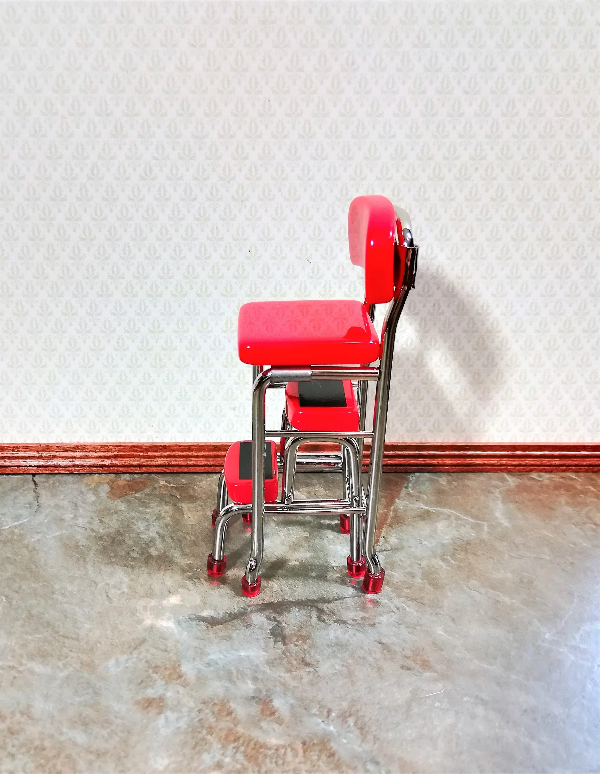 Dollhouse Step Stool Tall Chair 1950s Style Red 1:12 Scale Miniature Furniture - Image 3
