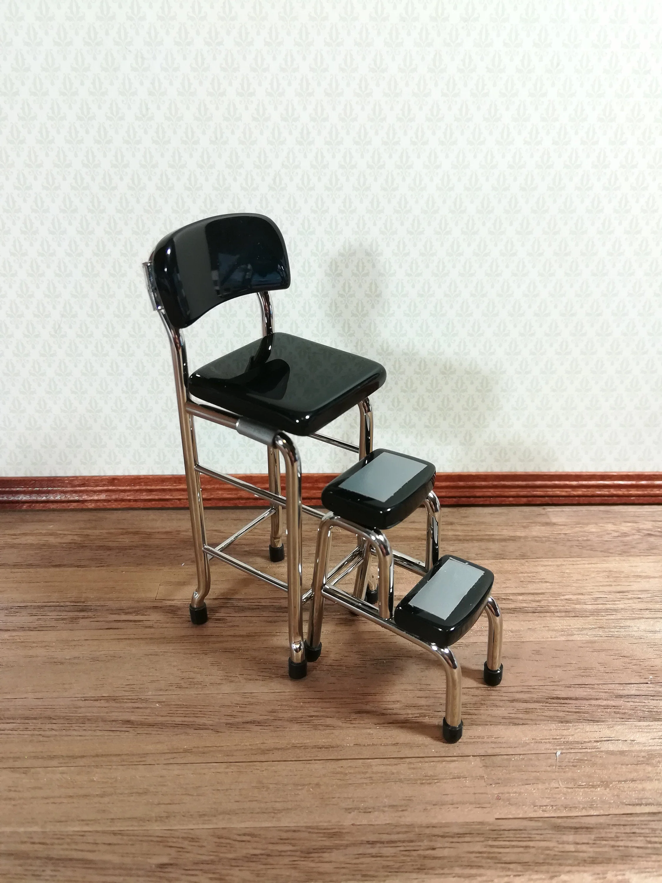 Dollhouse Retro Step Stool Tall Chair 1950s Style Black 1:12 Scale Miniature - Image 2