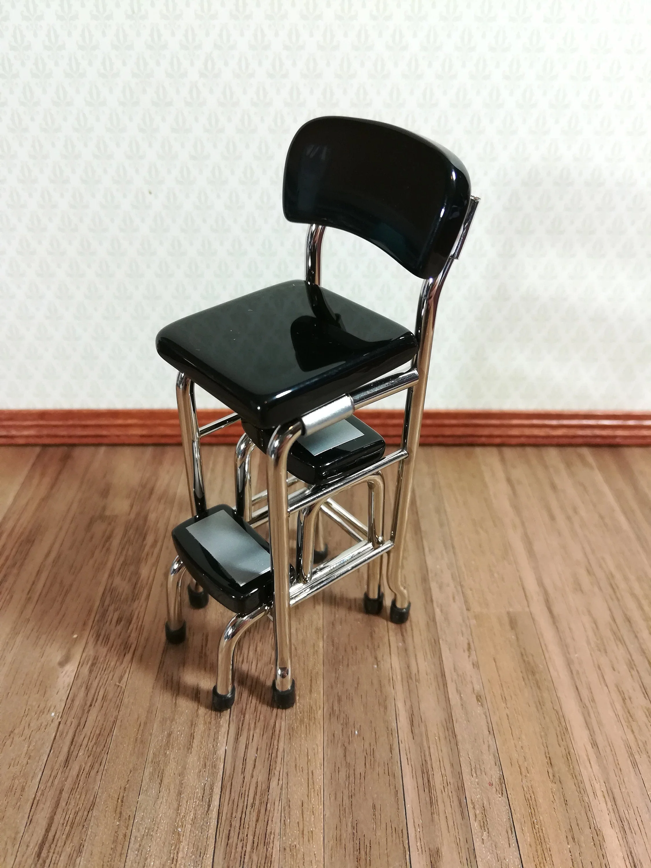 Dollhouse Retro Step Stool Tall Chair 1950s Style Black 1:12 Scale Miniature - Image 3