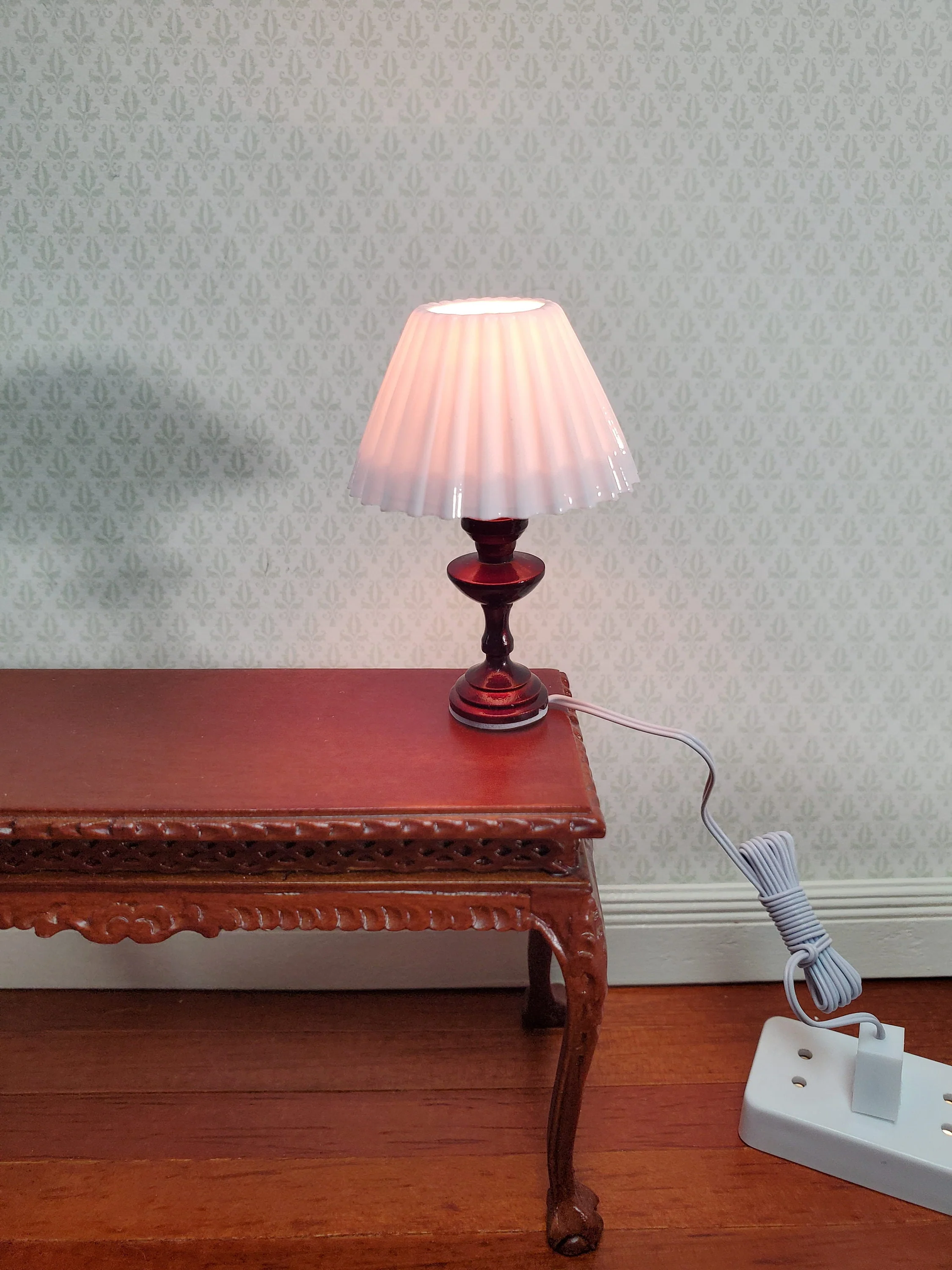 Dollhouse Miniature Table Lamp White Shade Bronze Base 1:12 Scale 12 volt with Plug - Image 2