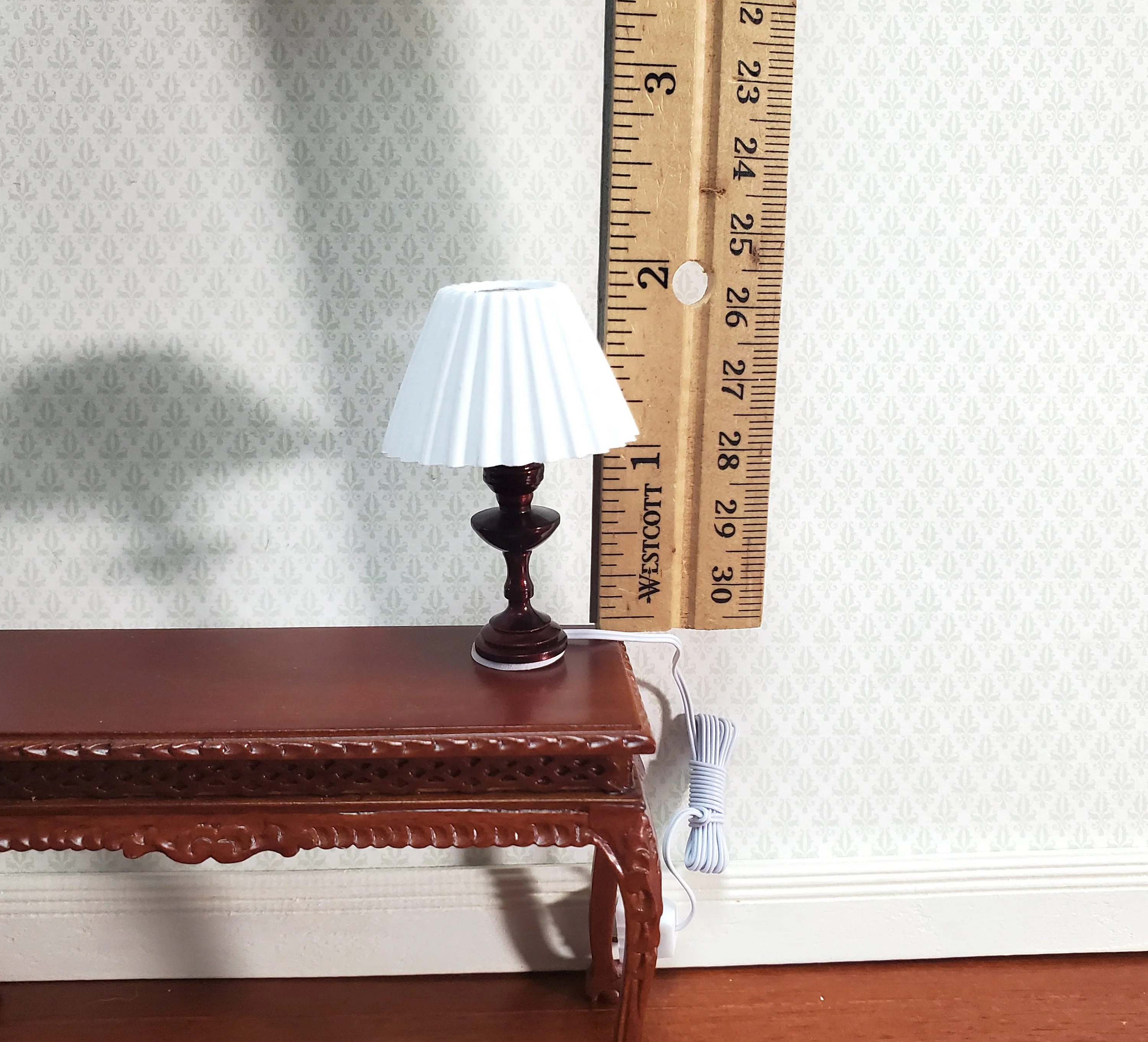 Dollhouse Miniature Table Lamp White Shade Bronze Base 1:12 Scale 12 volt with Plug - Image 4
